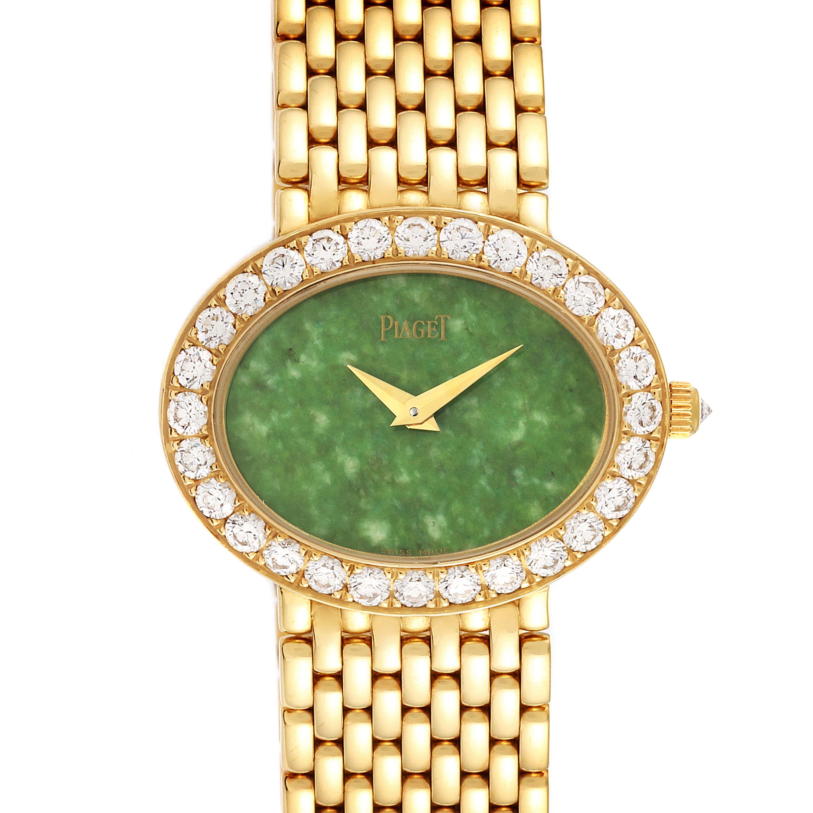 The image shows the face and part of the bracelet of the Piaget P10242 Women's Yellow Gold Green Dial P10242 Women's Yellow Gold Green Dial P10242 18k Yellow Gold Jadeite Dial Diamond Ladies Watch.