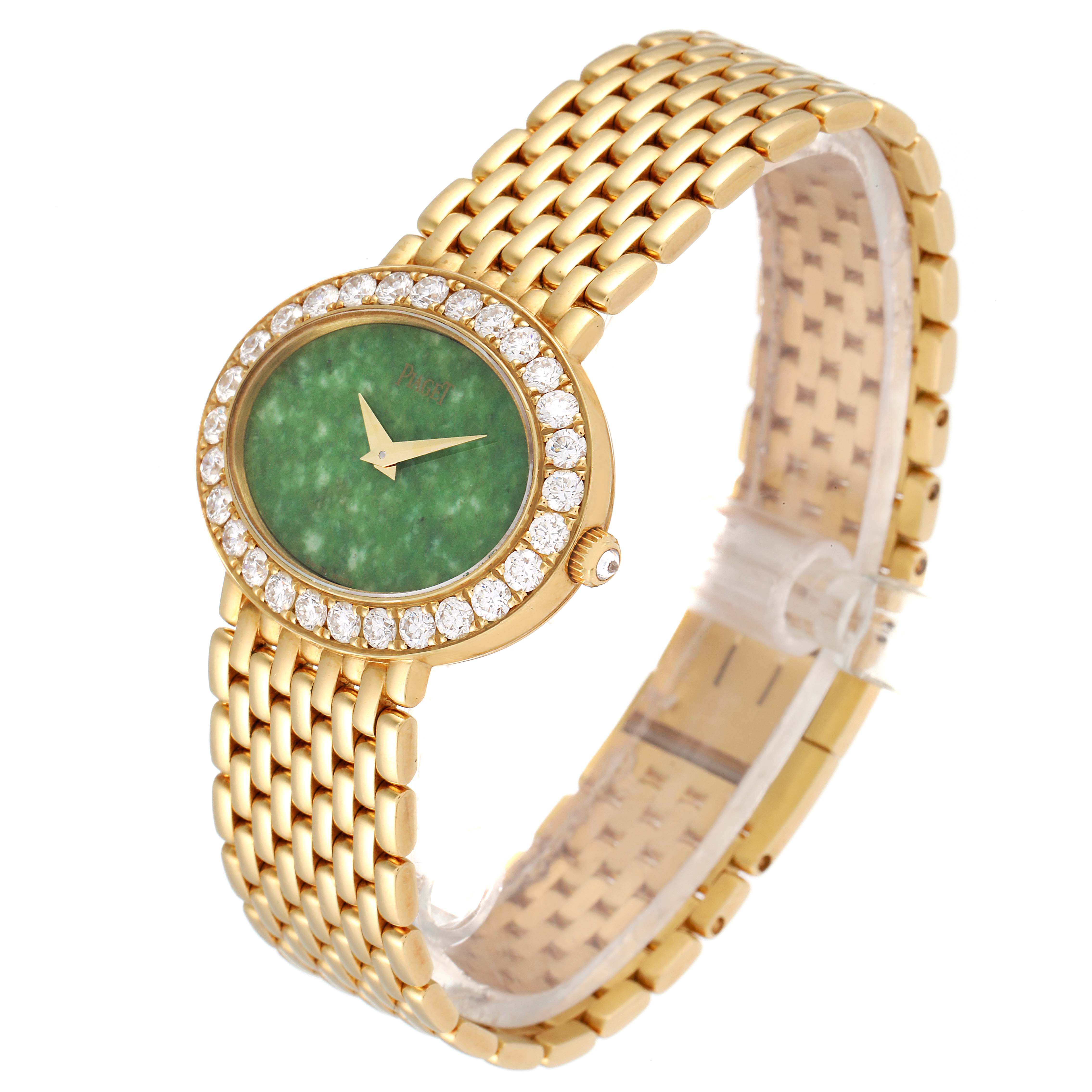 The image shows a Piaget P10242 Women's Yellow Gold Green Dial P10242 Women's Yellow Gold Green Dial P10242 18k Yellow Gold Jadeite Dial Diamond Ladies Watch from a three-quarter angle, highlighting the dial and bracelet.