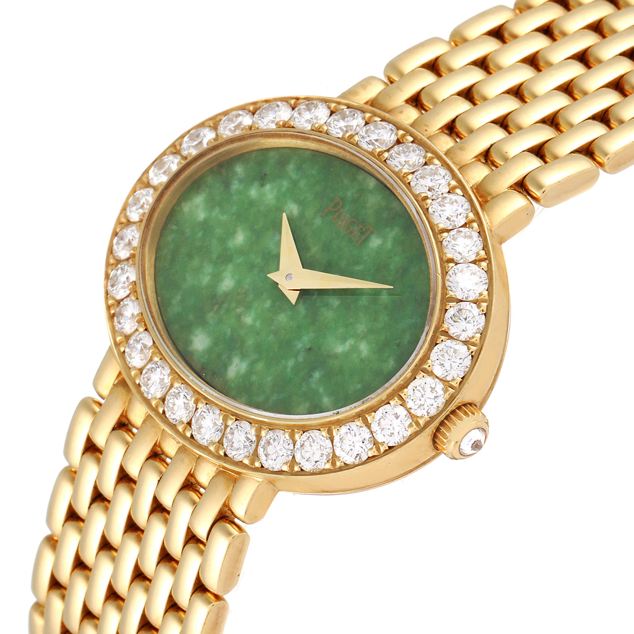 The Piaget P10242 Women's Yellow Gold Green Dial P10242 Women's Yellow Gold Green Dial P10242 18k Yellow Gold Jadeite Dial Diamond Ladies Watch is shown at an angled close-up, highlighting its dial, bezel, and part of the band.