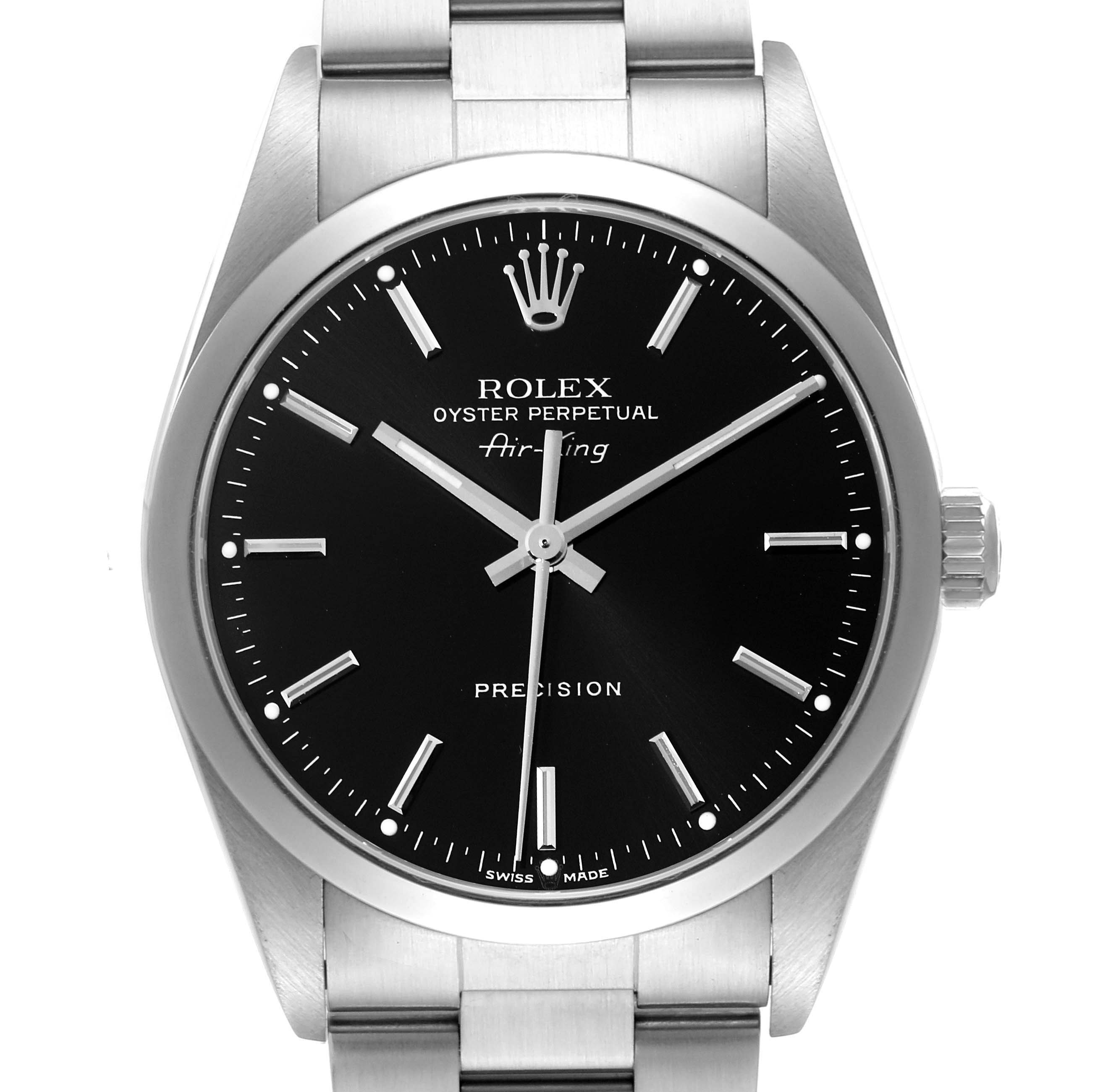 The image shows a front view of the Rolex Air-King 14000M Men's Stainless Steel Black Dial 14000M Men's Stainless Steel Black Dial watch, highlighting the dial, hour markers, hands, and crown.
