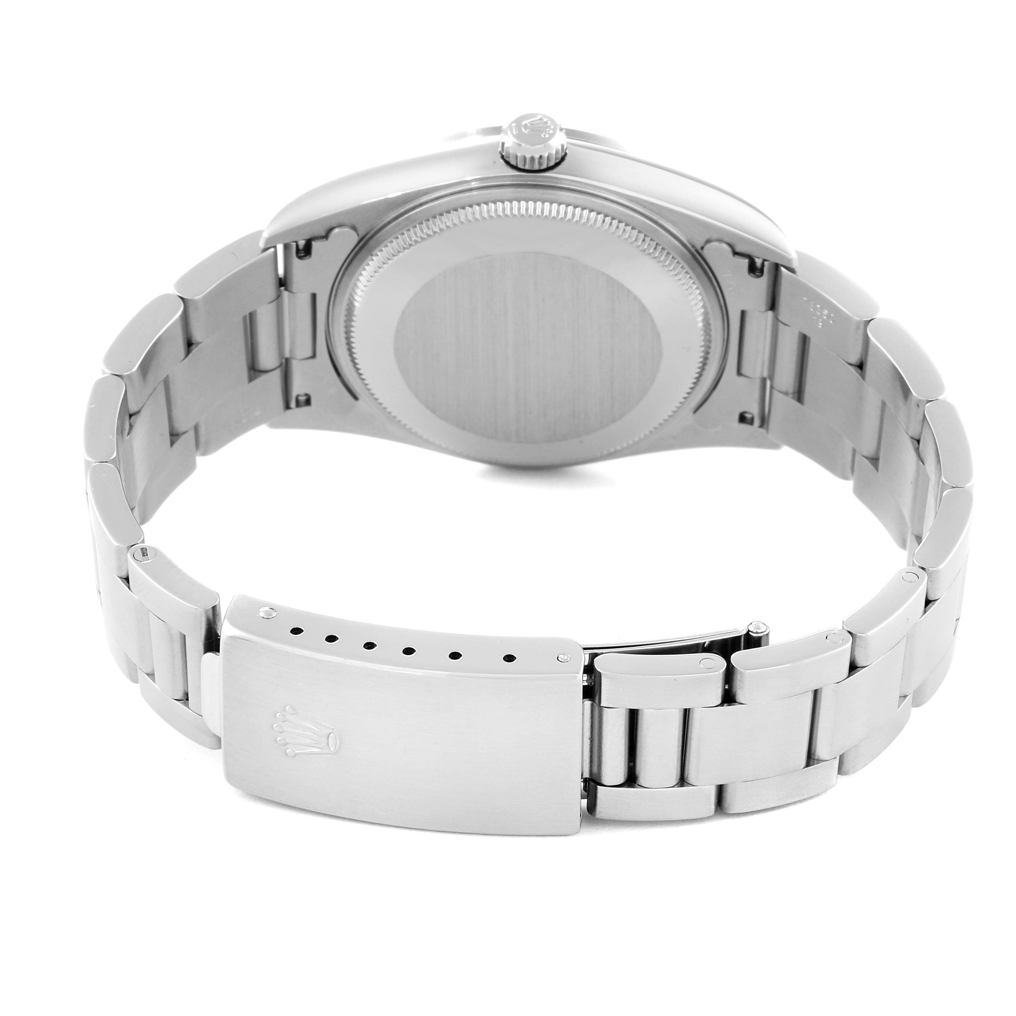 This image shows the back view of a Rolex Air-King 14000M Men's Stainless Steel Black Dial 14000M Men's Stainless Steel Black Dial watch, highlighting the case back and the clasp on the bracelet.