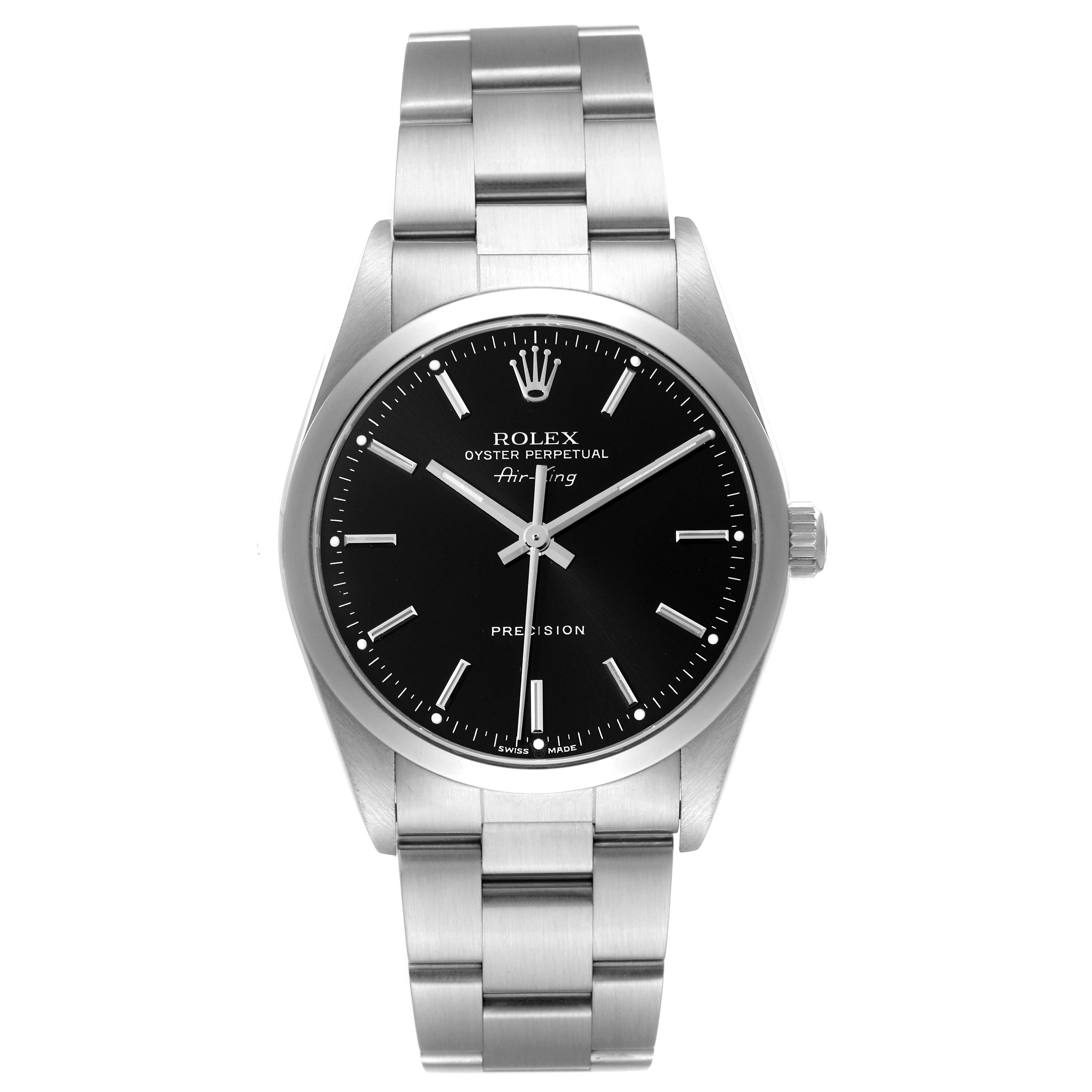 This image shows a front view of the Rolex Air-King 14000M Men's Stainless Steel Black Dial 14000M Men's Stainless Steel Black Dial watch, highlighting the dial, case, and bracelet.