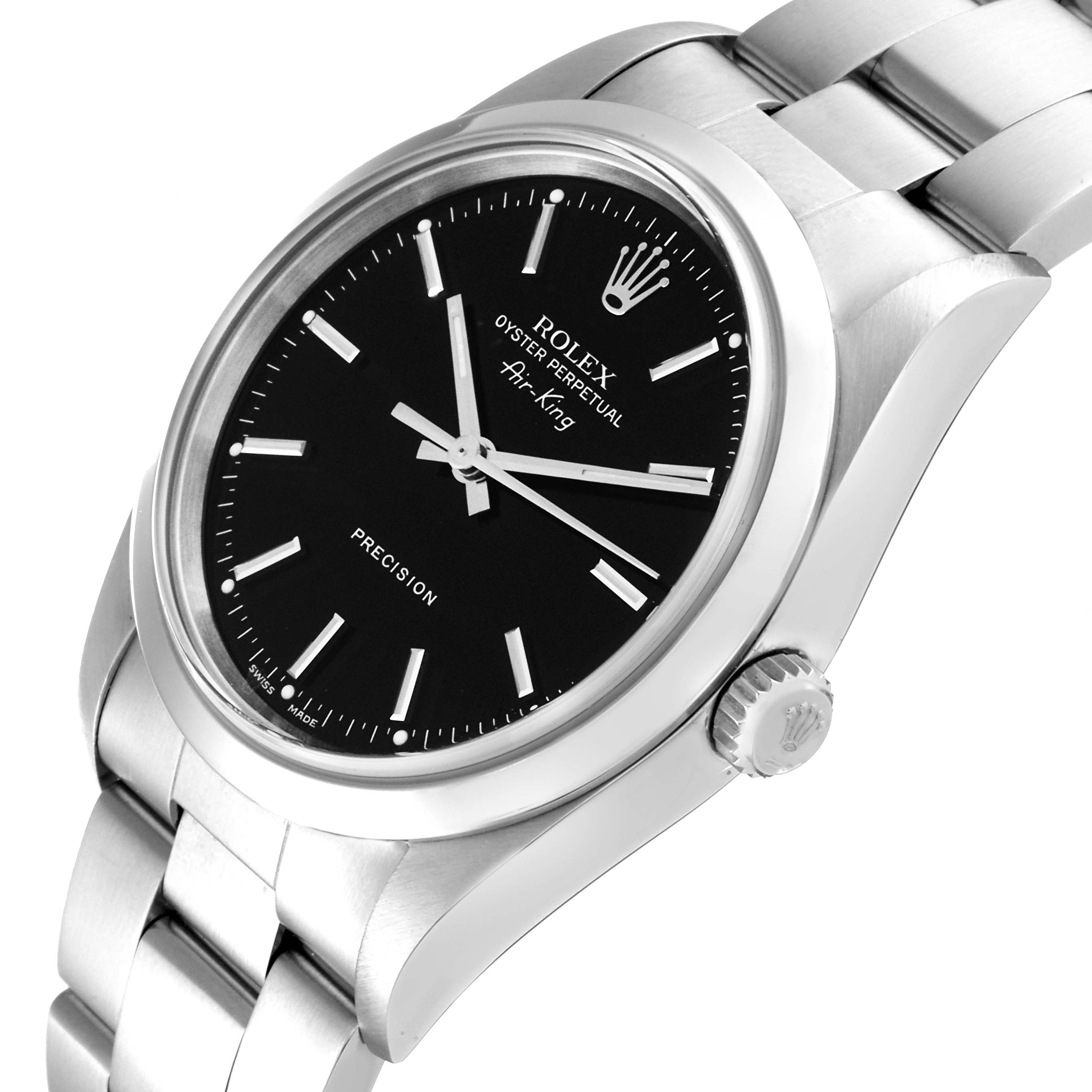 This image shows a close-up side angle of the Rolex Air-King 14000M Men's Stainless Steel Black Dial 14000M Men's Stainless Steel Black Dial watch, featuring its black dial, case, crown, and part of the bracelet.