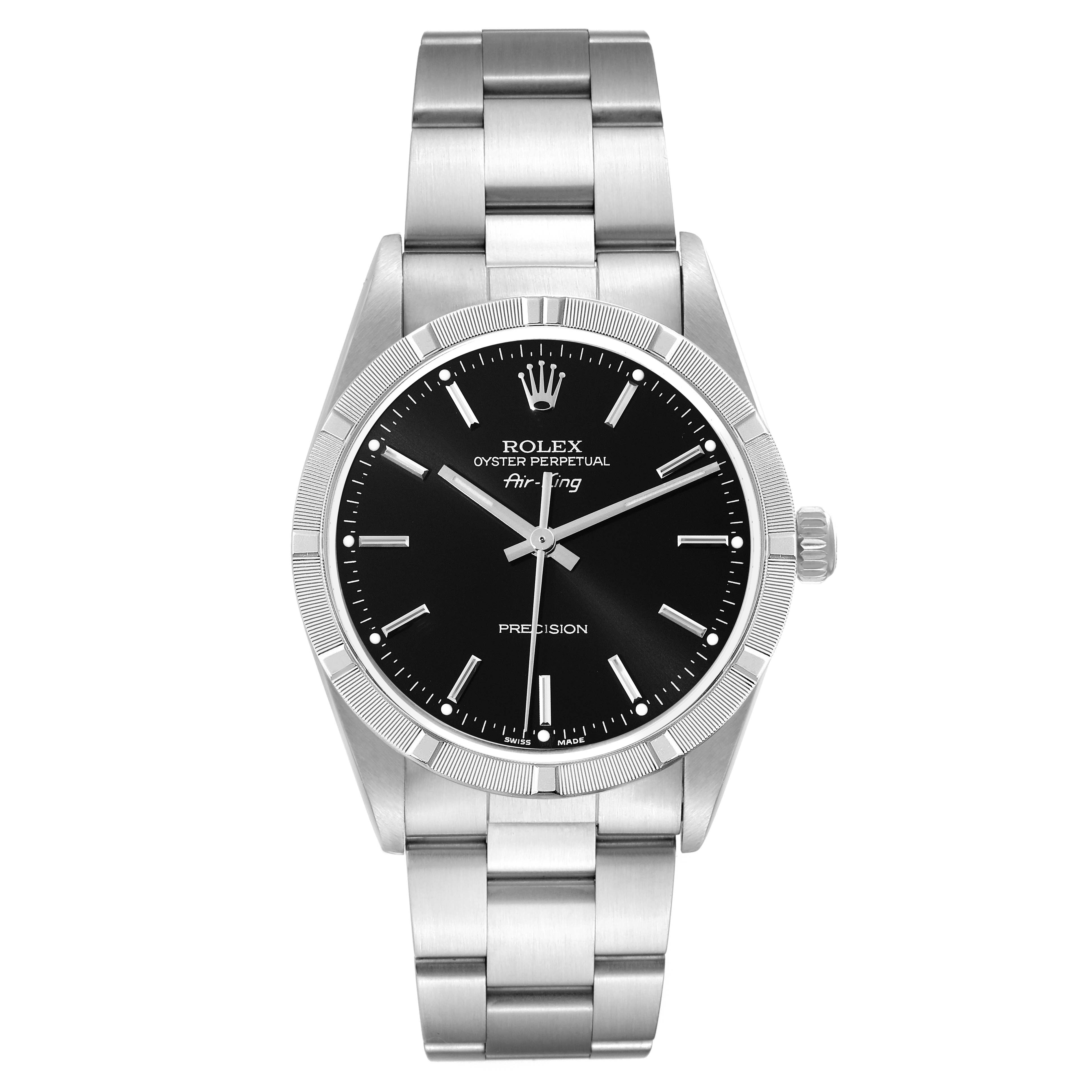 The image shows a front view of a Rolex Air-King 14010M Men's Stainless Steel Black Dial 14010M Men's Stainless Steel Black Dial watch, highlighting its black dial, stainless steel case, and bracelet.