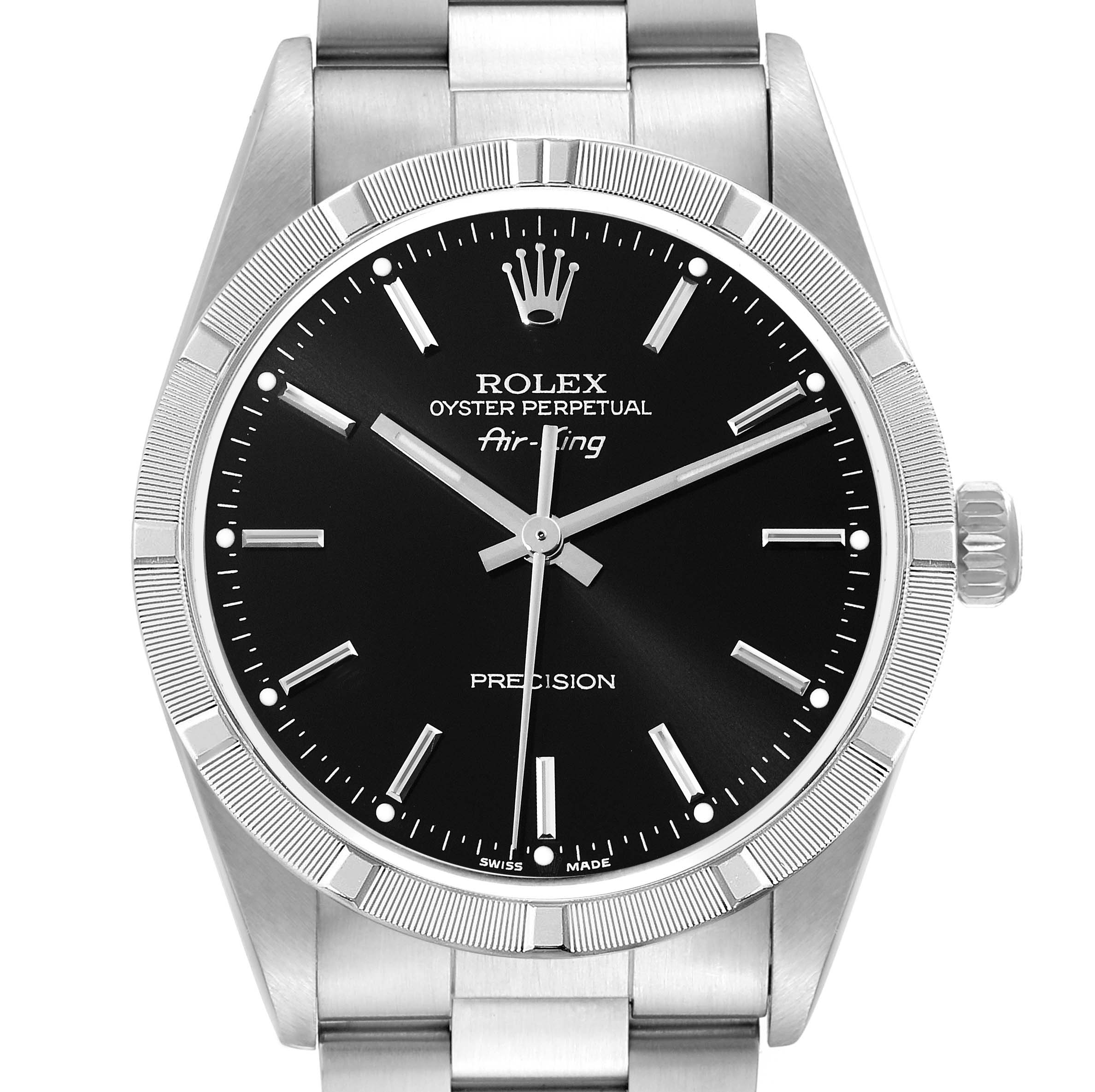 The image shows a front view of a Rolex Air-King 14010M Men's Stainless Steel Black Dial 14010M Men's Stainless Steel Black Dial watch, displaying its black dial, hour markers, hands, crown, and bracelet.