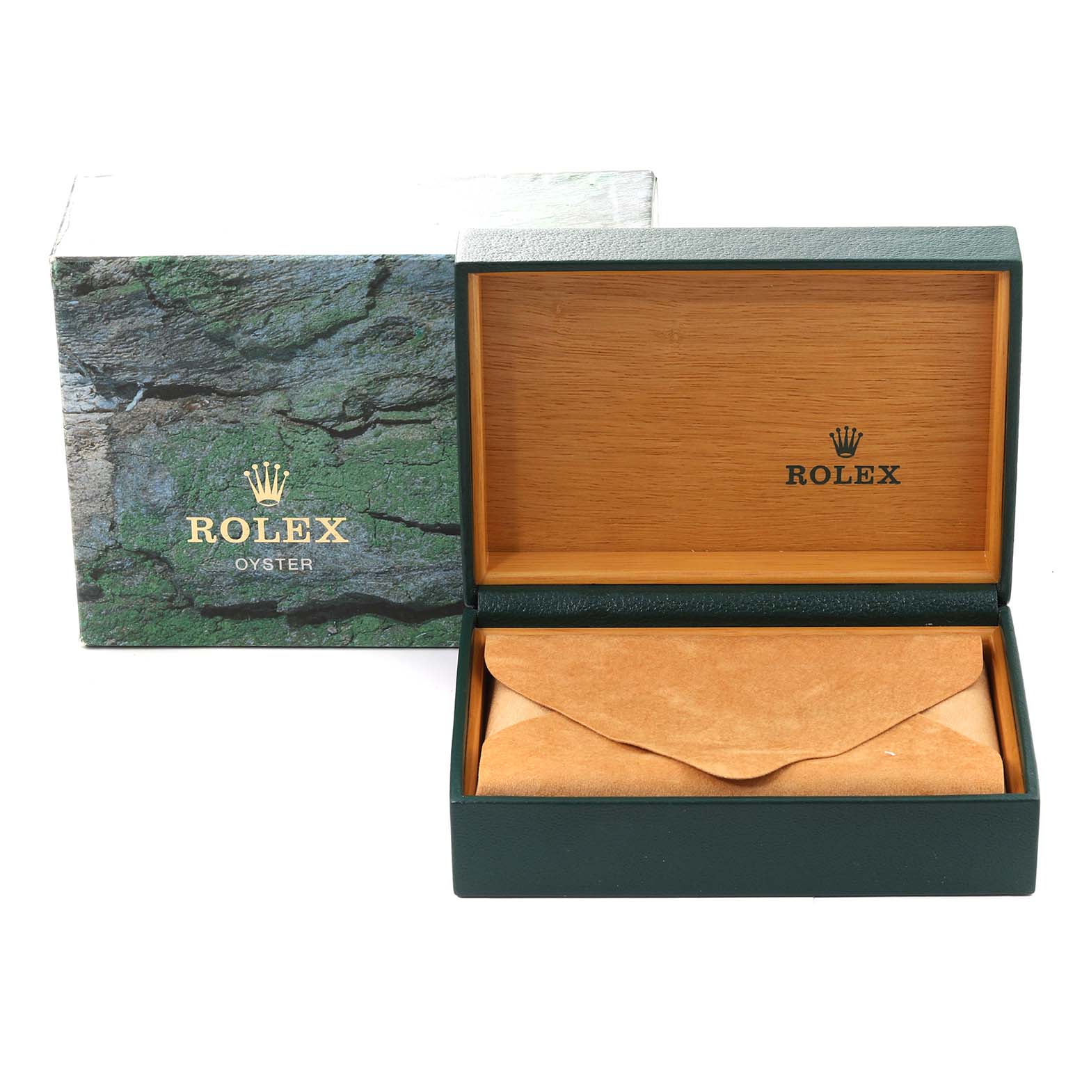 The image shows an open Rolex watch box with a green exterior and wood interior, labeled for an Air-King model, containing a leather pouch.
