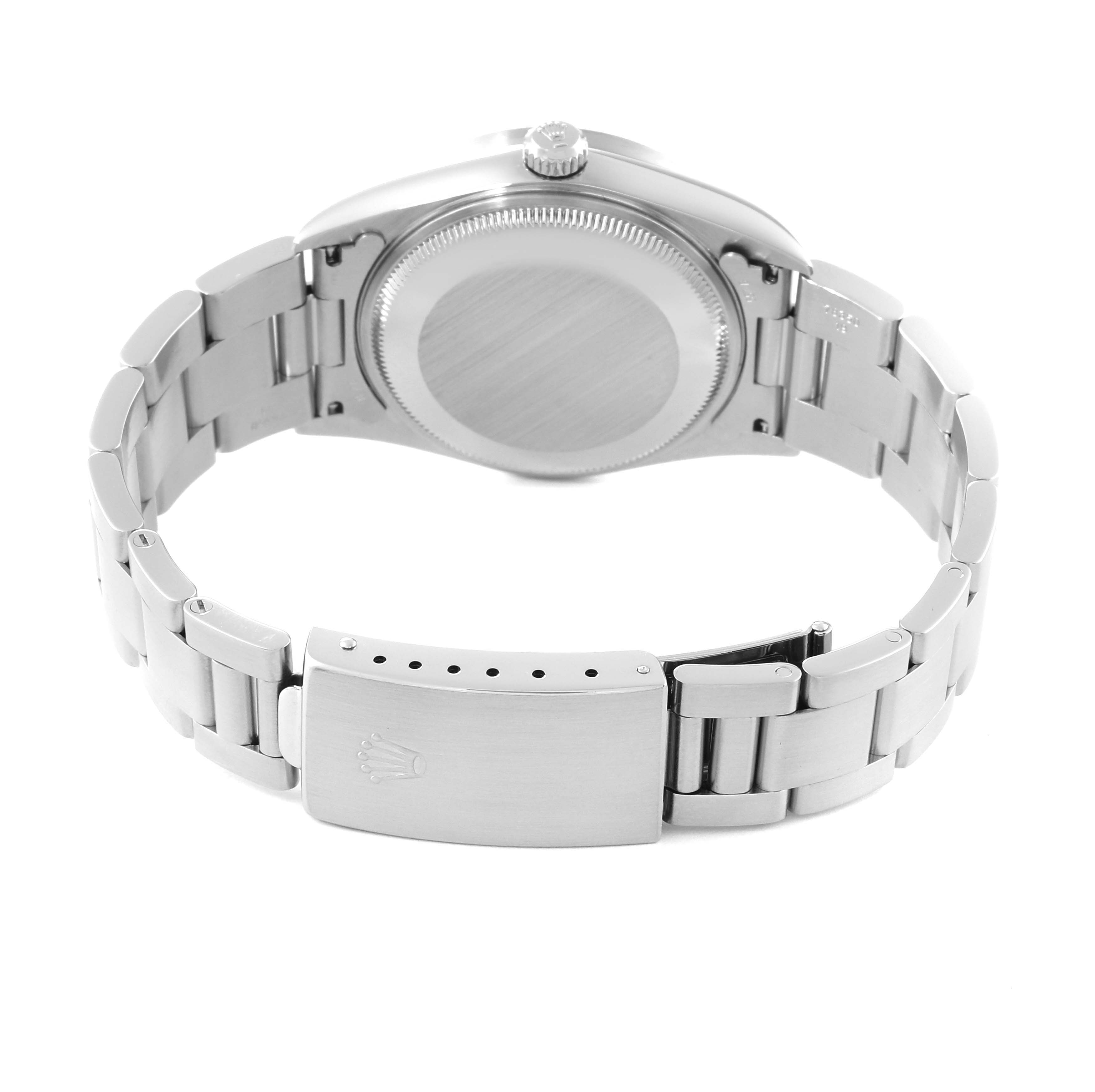 The image shows the back and clasp of a Rolex Air-King 14010M Men's Stainless Steel Black Dial 14010M Men's Stainless Steel Black Dial watch at an angle emphasizing the bracelet and case back.