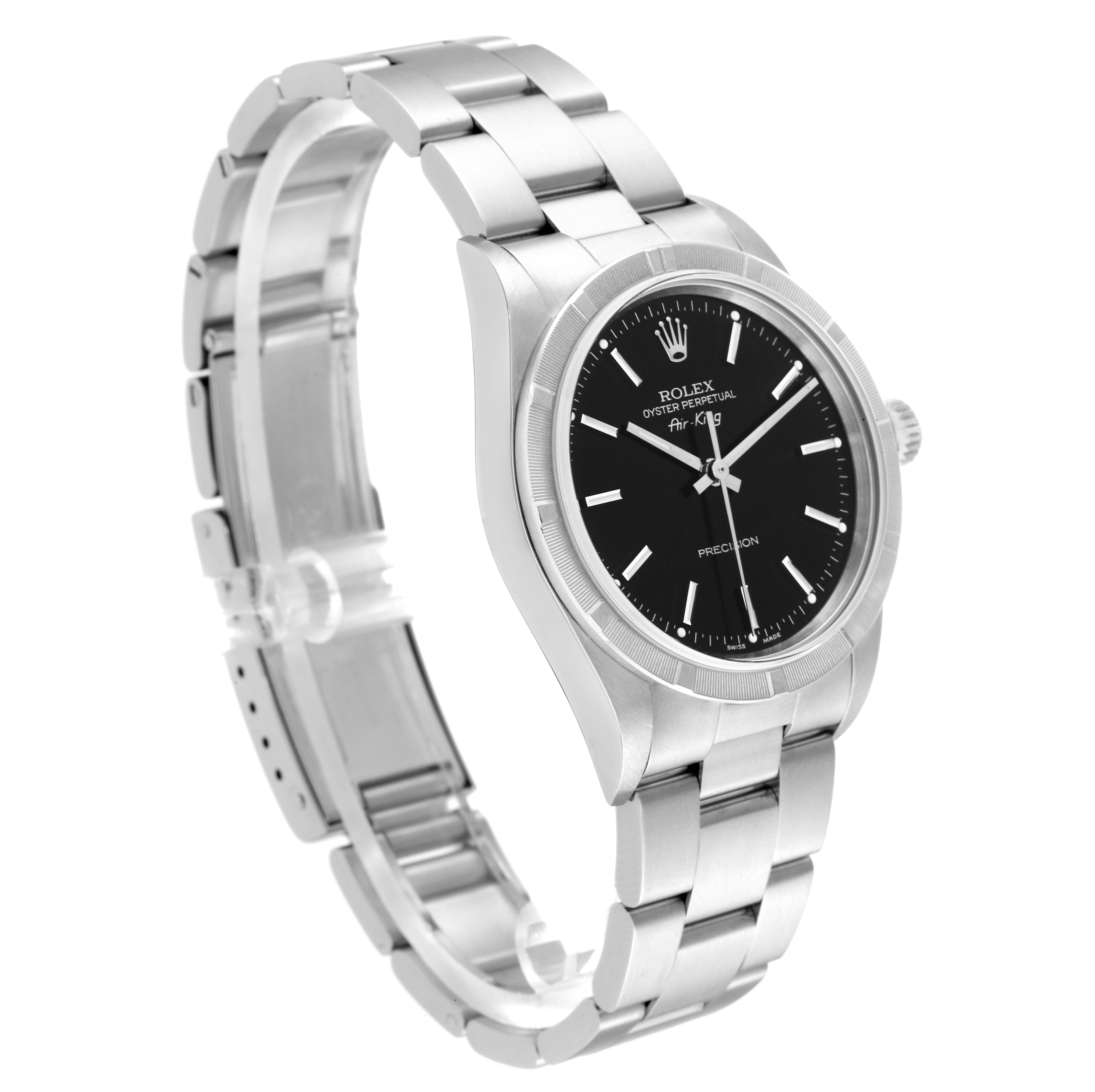 This is a Rolex Air-King 14010M Men's Stainless Steel Black Dial 14010M Men's Stainless Steel Black Dial watch shown at a side angle, displaying the bracelet, bezel, and black dial.