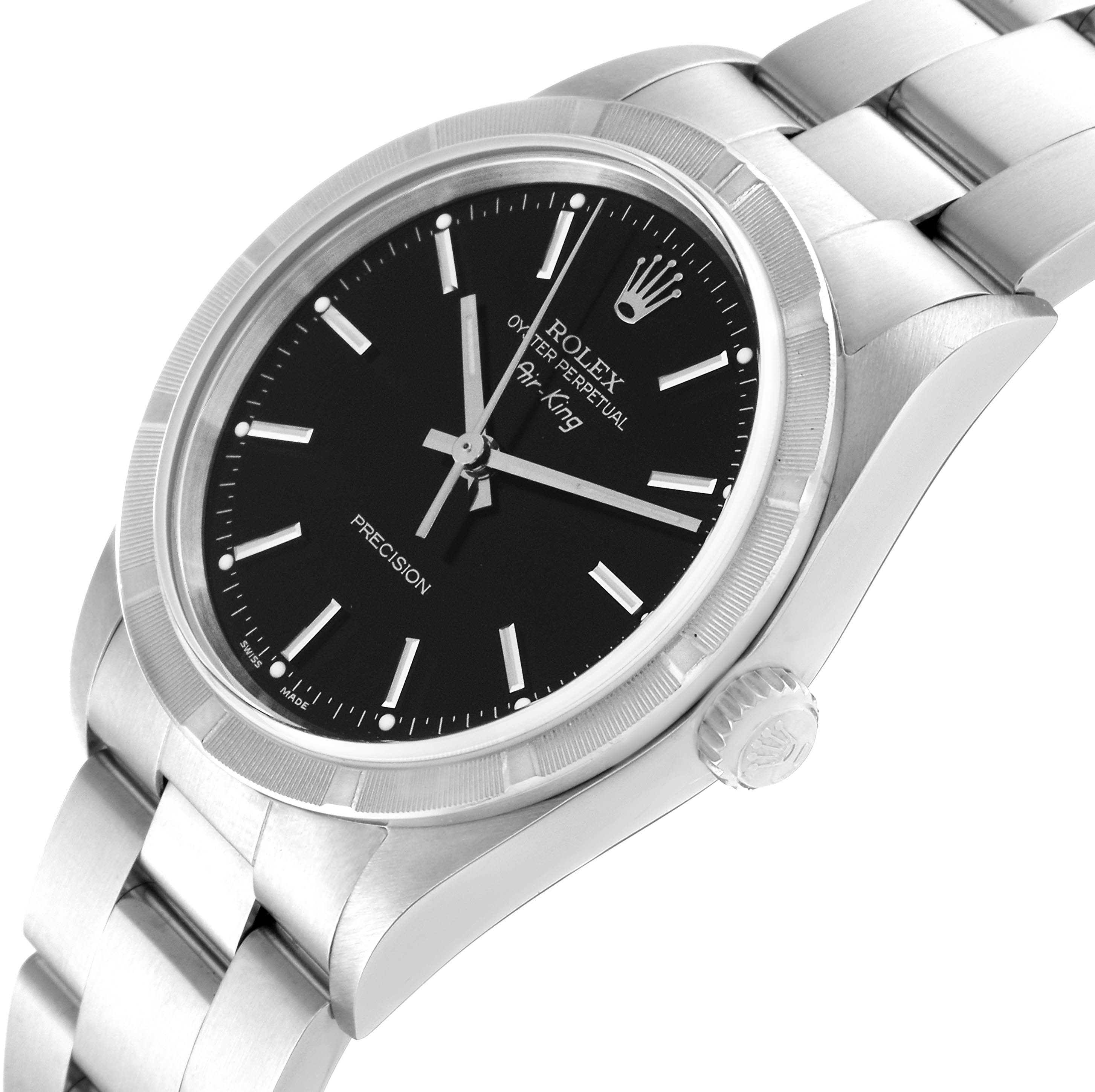 The image shows a Rolex Air-King 14010M Men's Stainless Steel Black Dial 14010M Men's Stainless Steel Black Dial watch at a slight angle, highlighting its black dial, crown, bezel, and stainless steel bracelet.
