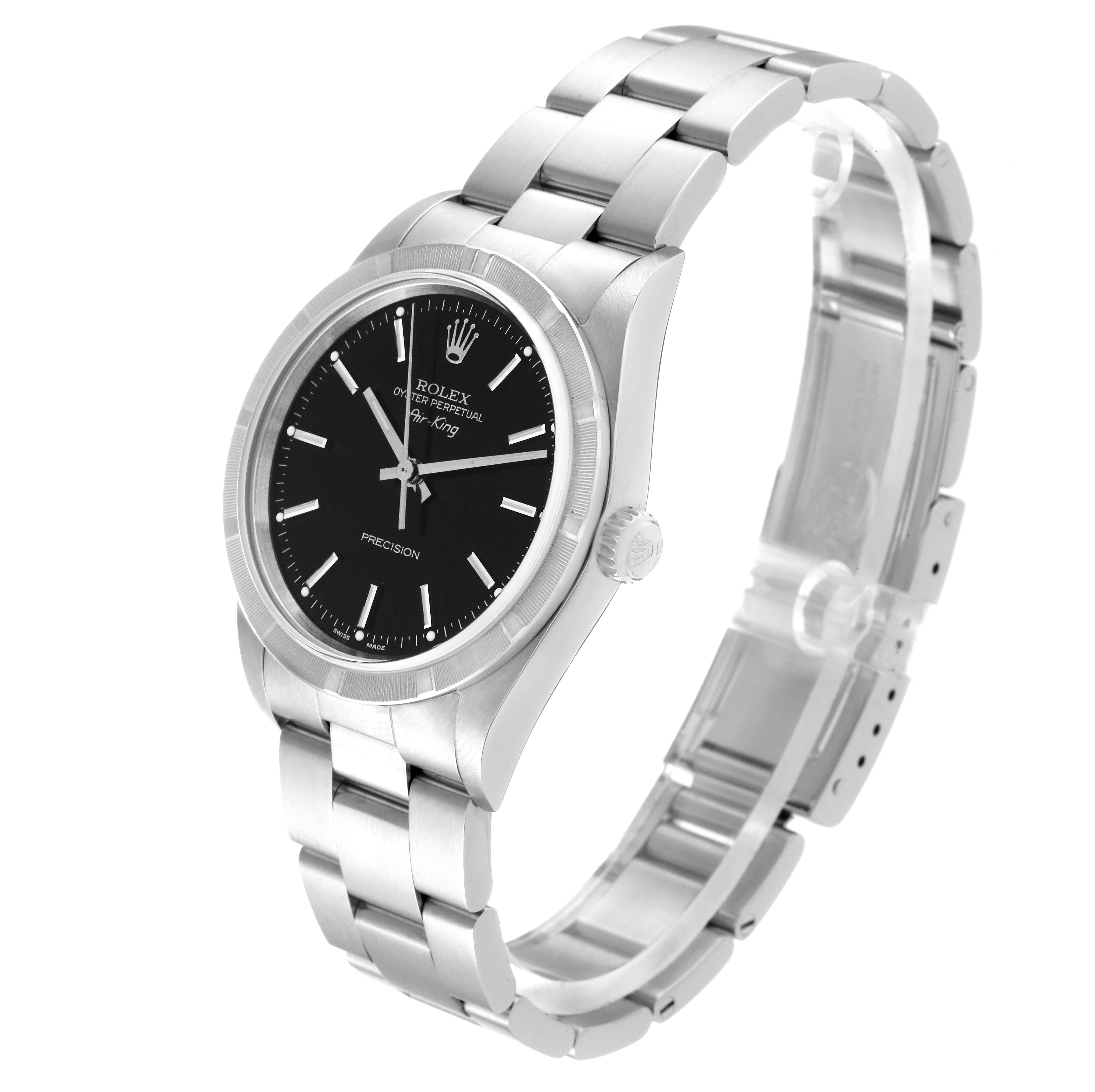 This image shows the Rolex Air-King 14010M Men's Stainless Steel Black Dial 14010M Men's Stainless Steel Black Dial watch at a three-quarter angle, highlighting its black dial, stainless steel case, and bracelet.