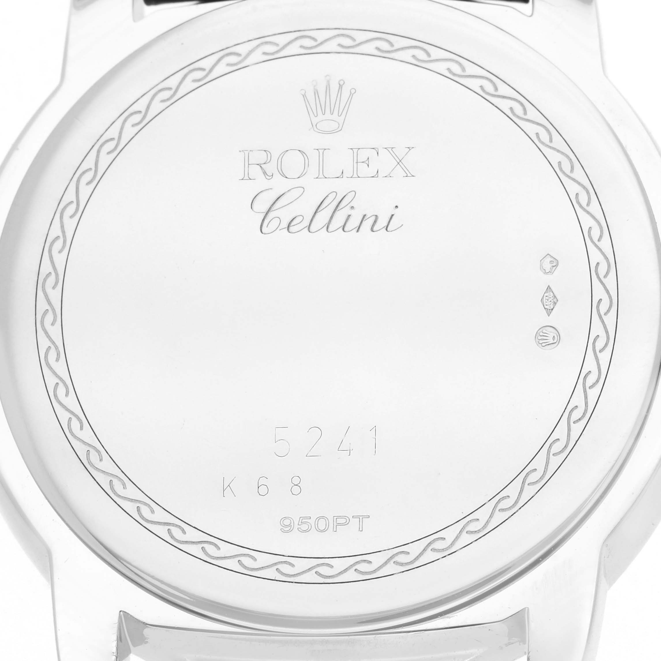 The image shows the back case of a Rolex Cellini 5241 Men
s Platinum Silver Dial watch, displaying branding and engravings.