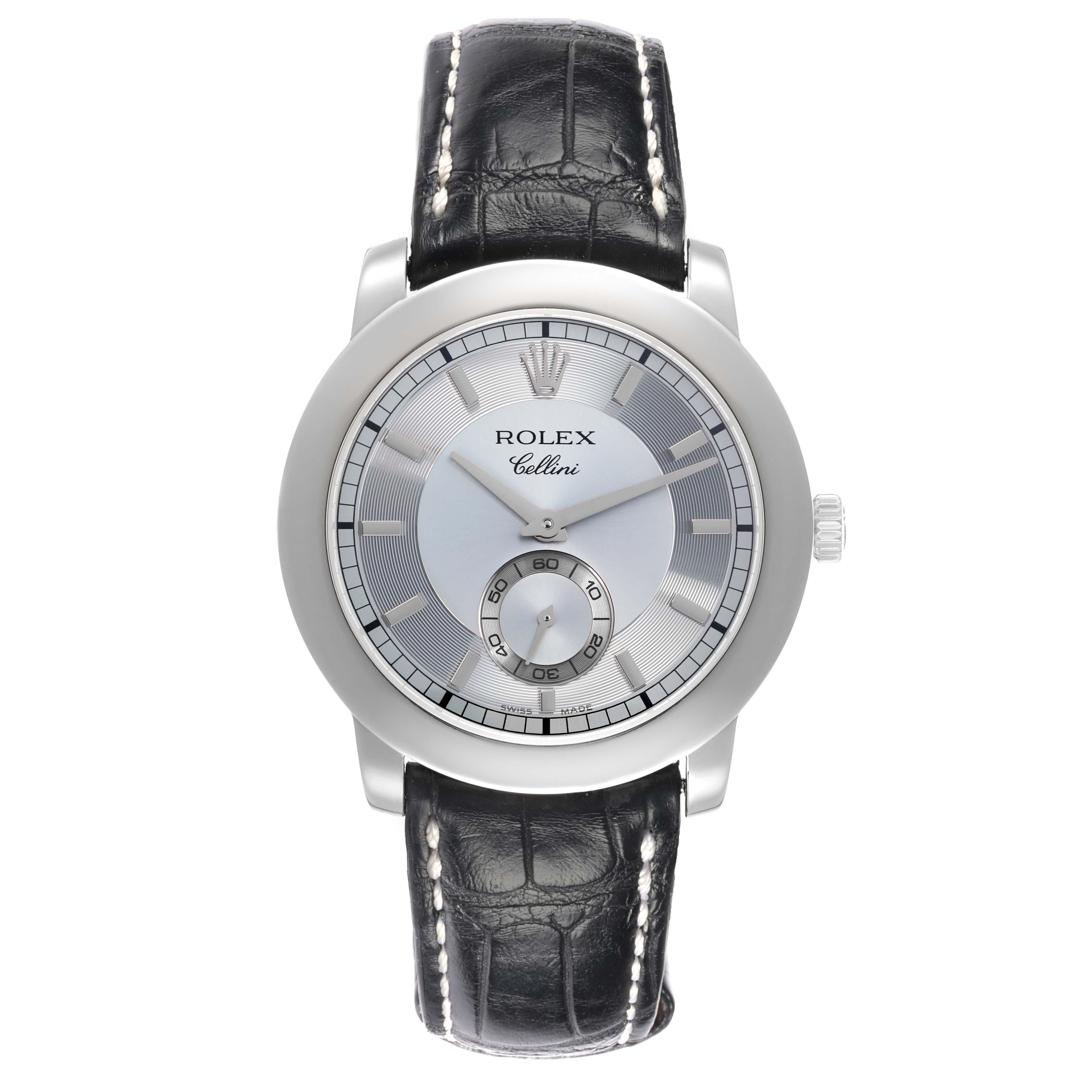 The Rolex Cellini 5241 Men
s Platinum Silver Dial watch is shown from a top-down view, displaying the face, case, crown, and leather strap clearly.
