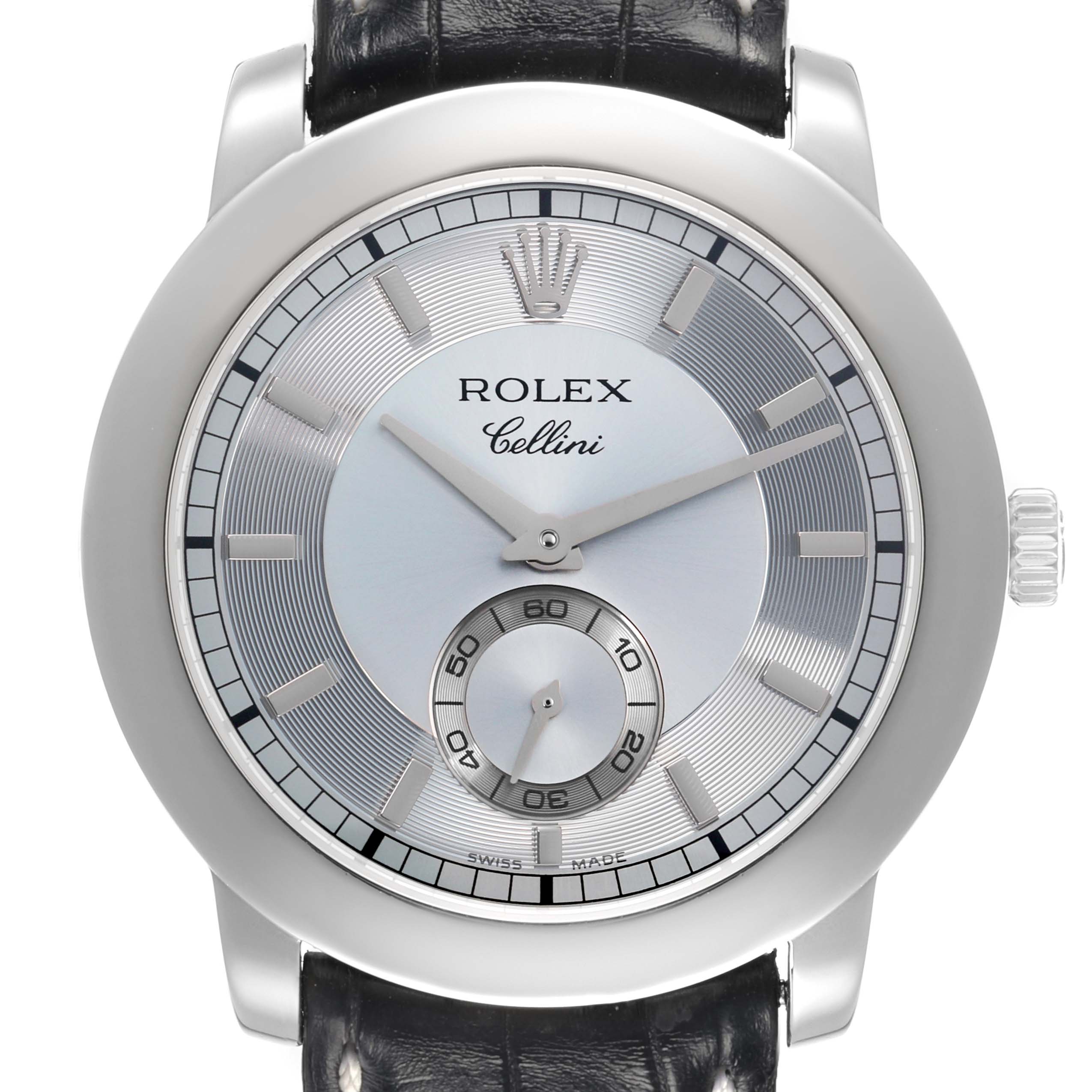 The Rolex Cellini 5241 Men
s Platinum Silver Dial watch is shown from the front, displaying the dial, hands, crown, and part of the leather strap.