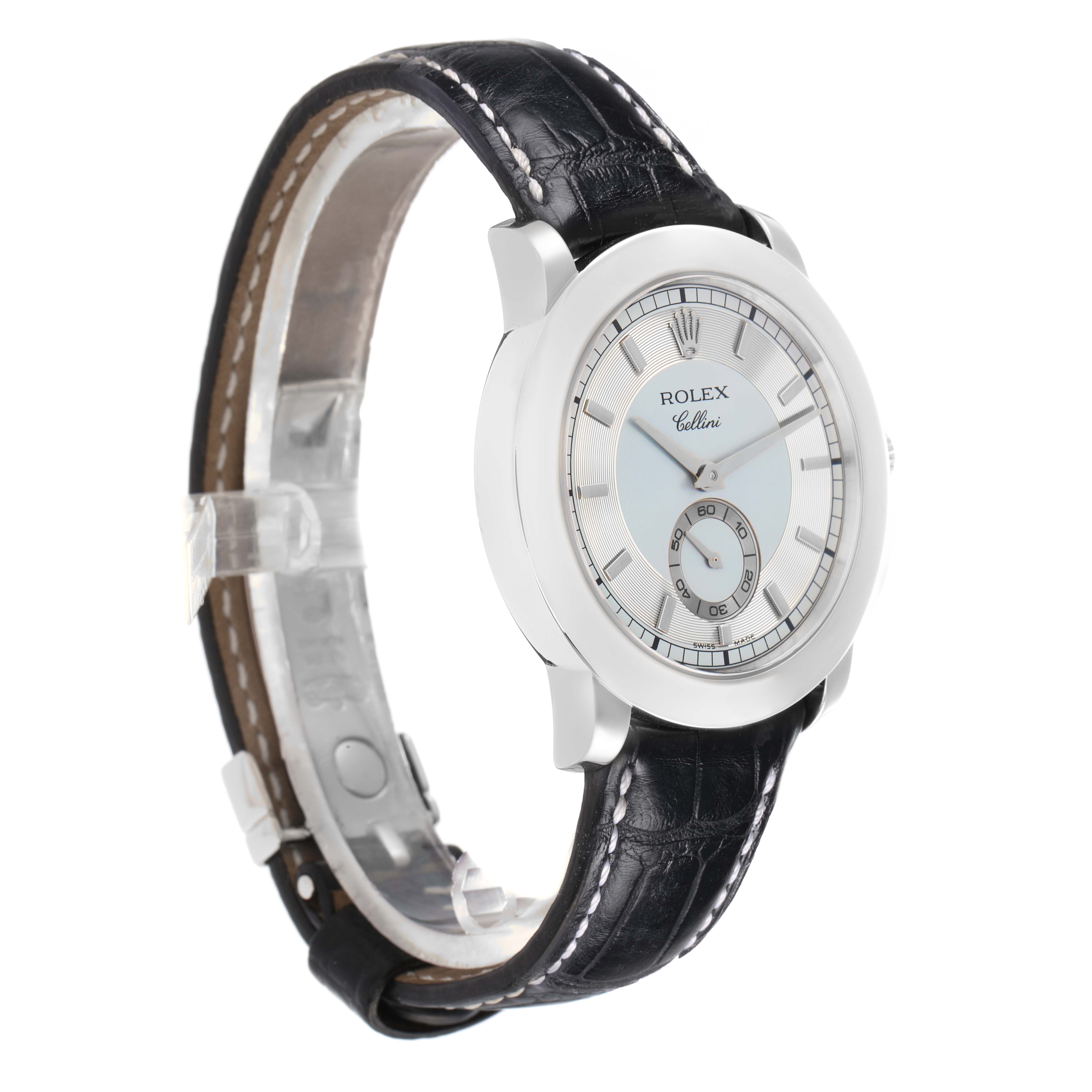 The Rolex Cellini 5241 Men
s Platinum Silver Dial watch is shown at a three-quarter angle, displaying the face and part of the leather strap.