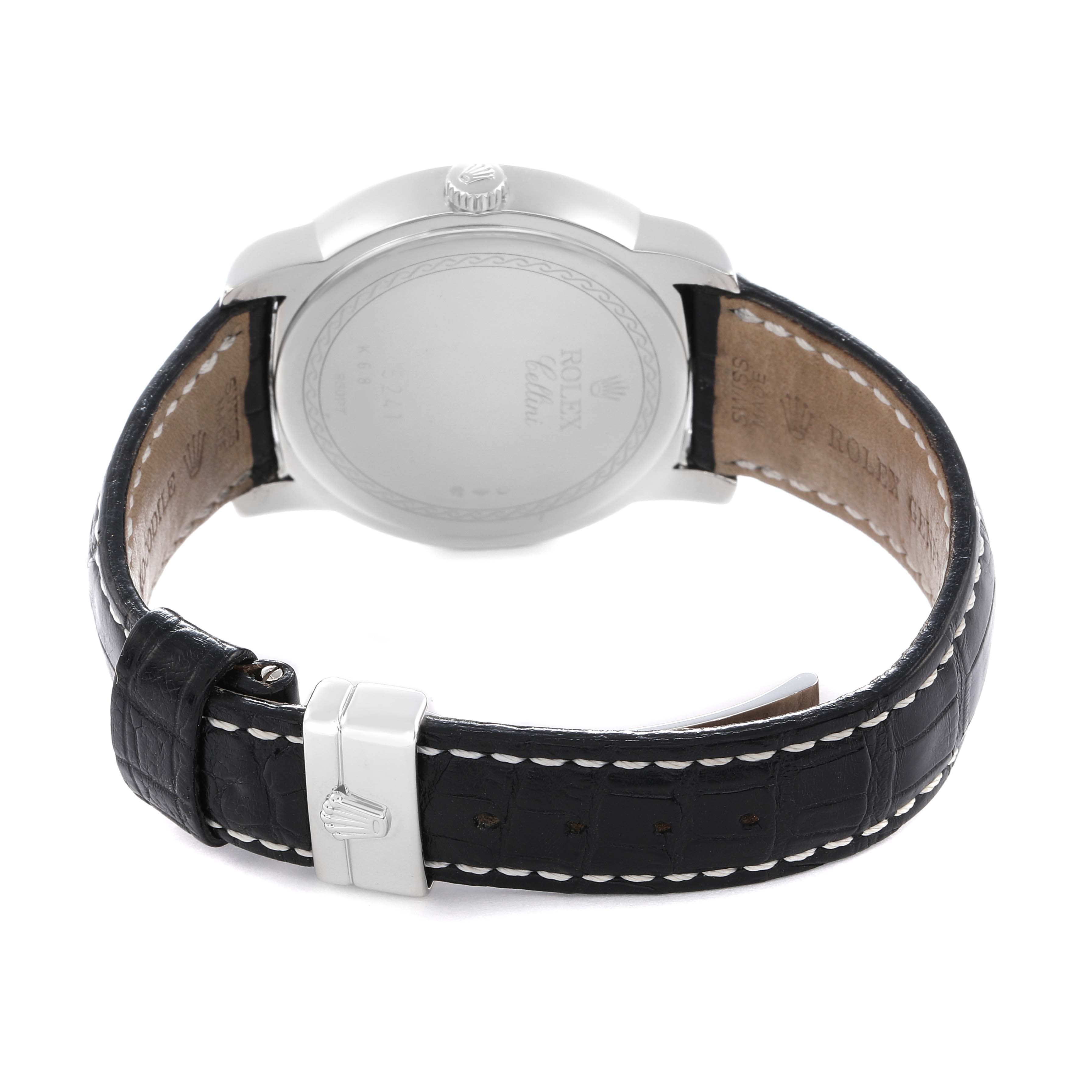 The image shows the back of a Rolex Cellini 5241 Men
s Platinum Silver Dial, focusing on the clasp and leather strap.