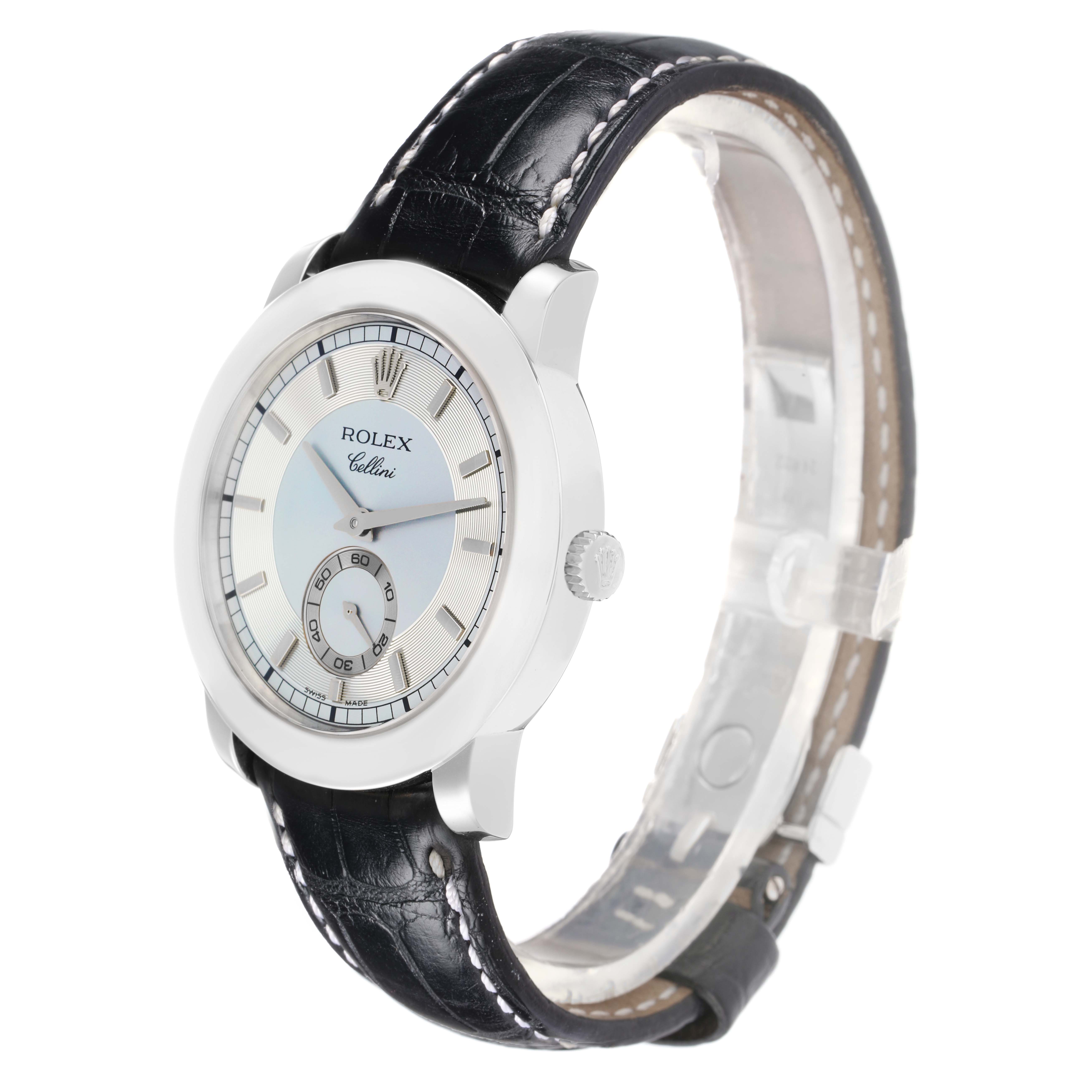 The Rolex Cellini 5241 Men
s Platinum Silver Dial watch is shown from a three-quarter angle, displaying the face, bezel, case, crown, and strap.