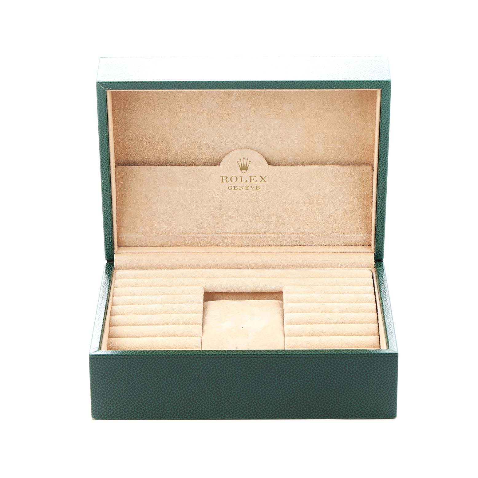 The image shows an open Rolex Cellini 5241 Men
s Platinum Silver Dial watch box from the front, displaying a beige interior with the Rolex logo.