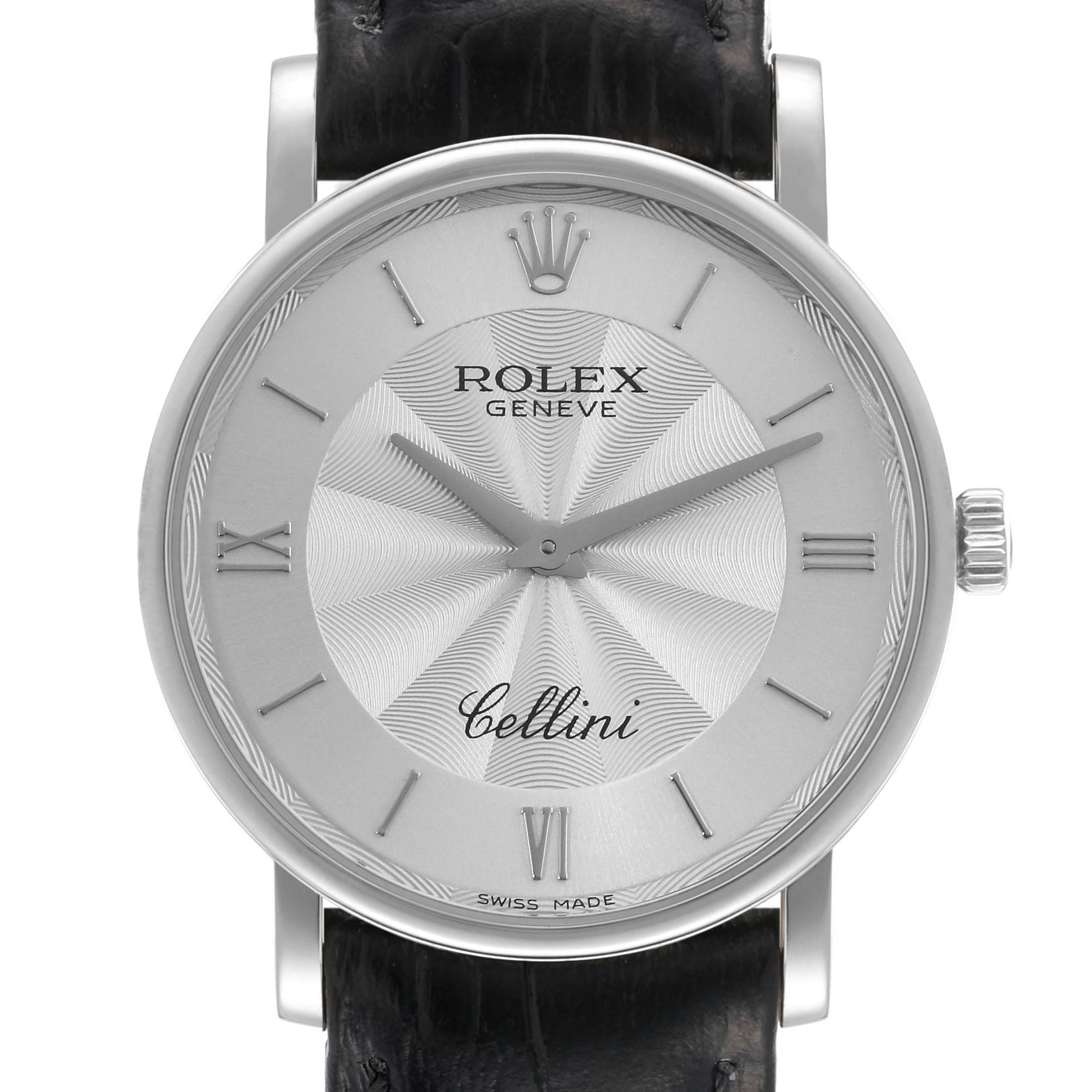 The image shows a front view of a Rolex Cellini 5115 Men
s White Gold Silver Dial 5115 Men
s White Gold Silver Dial watch, highlighting its dial, crown, and leather strap.