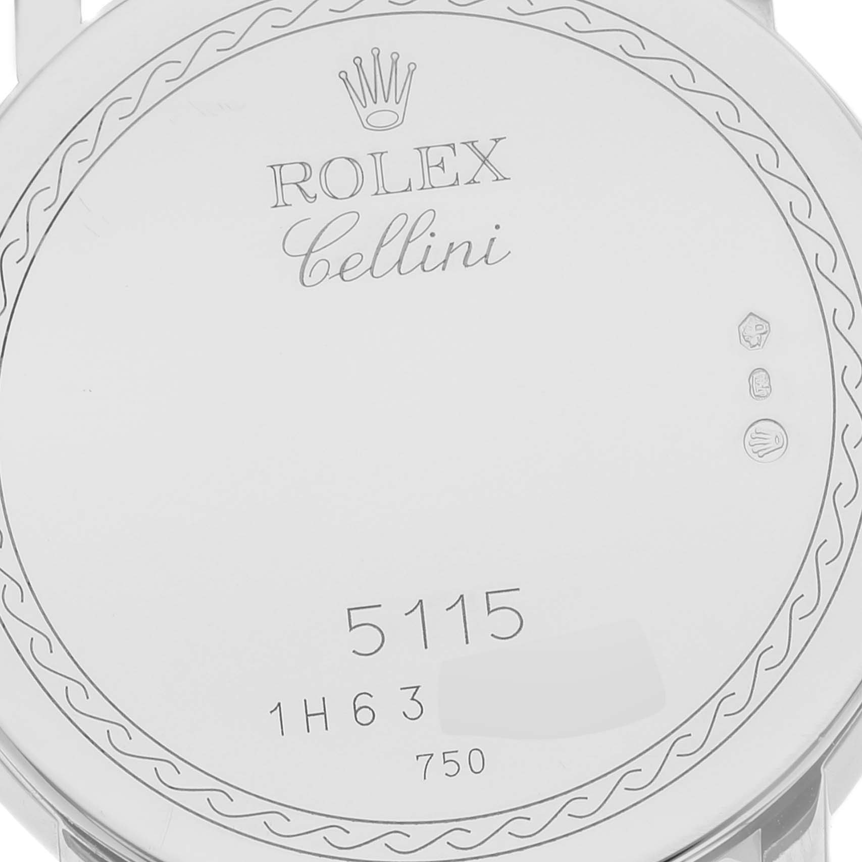 This image shows the back case of a Rolex Cellini 5115 Men
s White Gold Silver Dial 5115 Men
s White Gold Silver Dial watch, featuring the logo, model number, and hallmarks.
