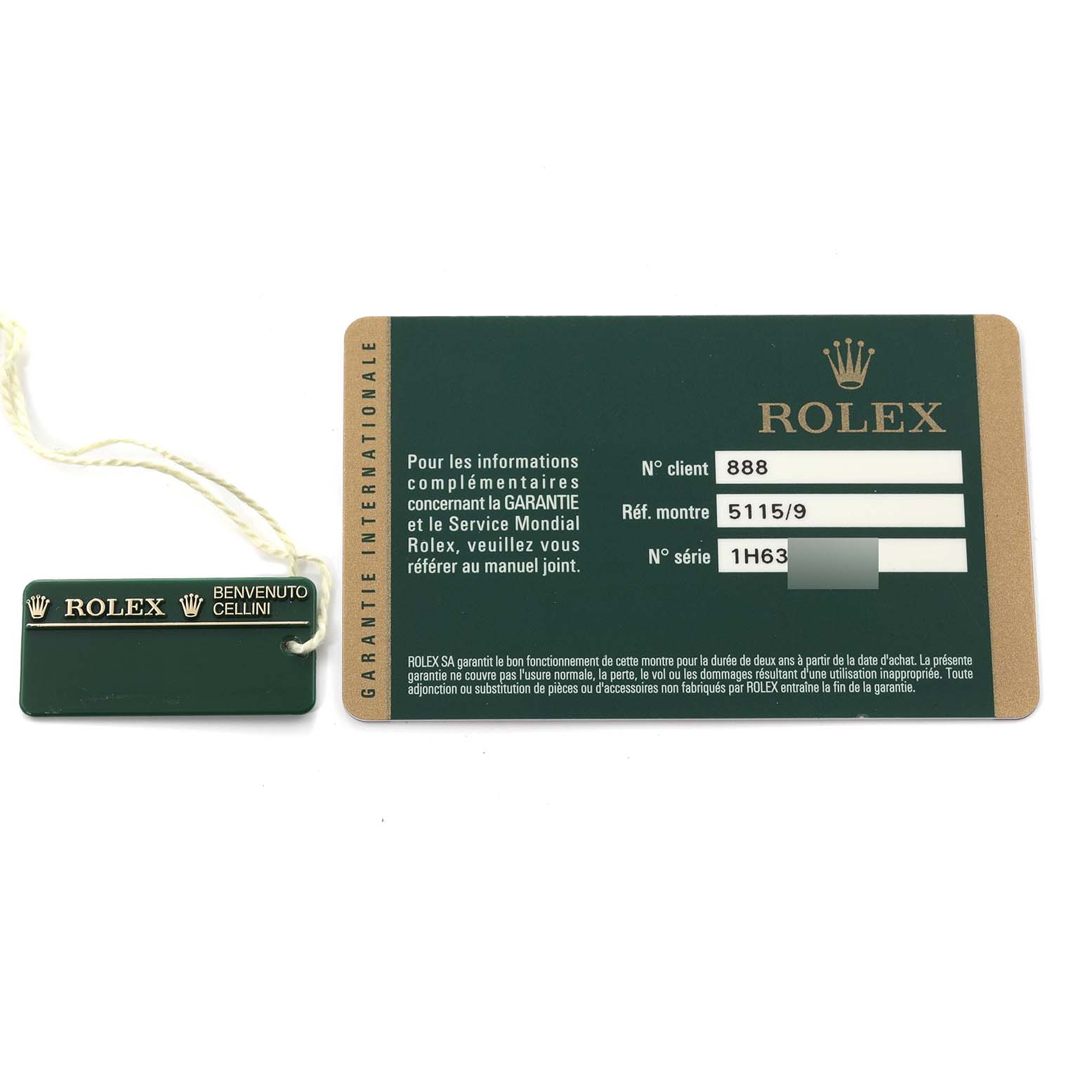 The image shows the warranty card and tag for a Rolex Cellini 5115 Men
s White Gold Silver Dial 5115 Men
s White Gold Silver Dial model, with the tag connected by a string.