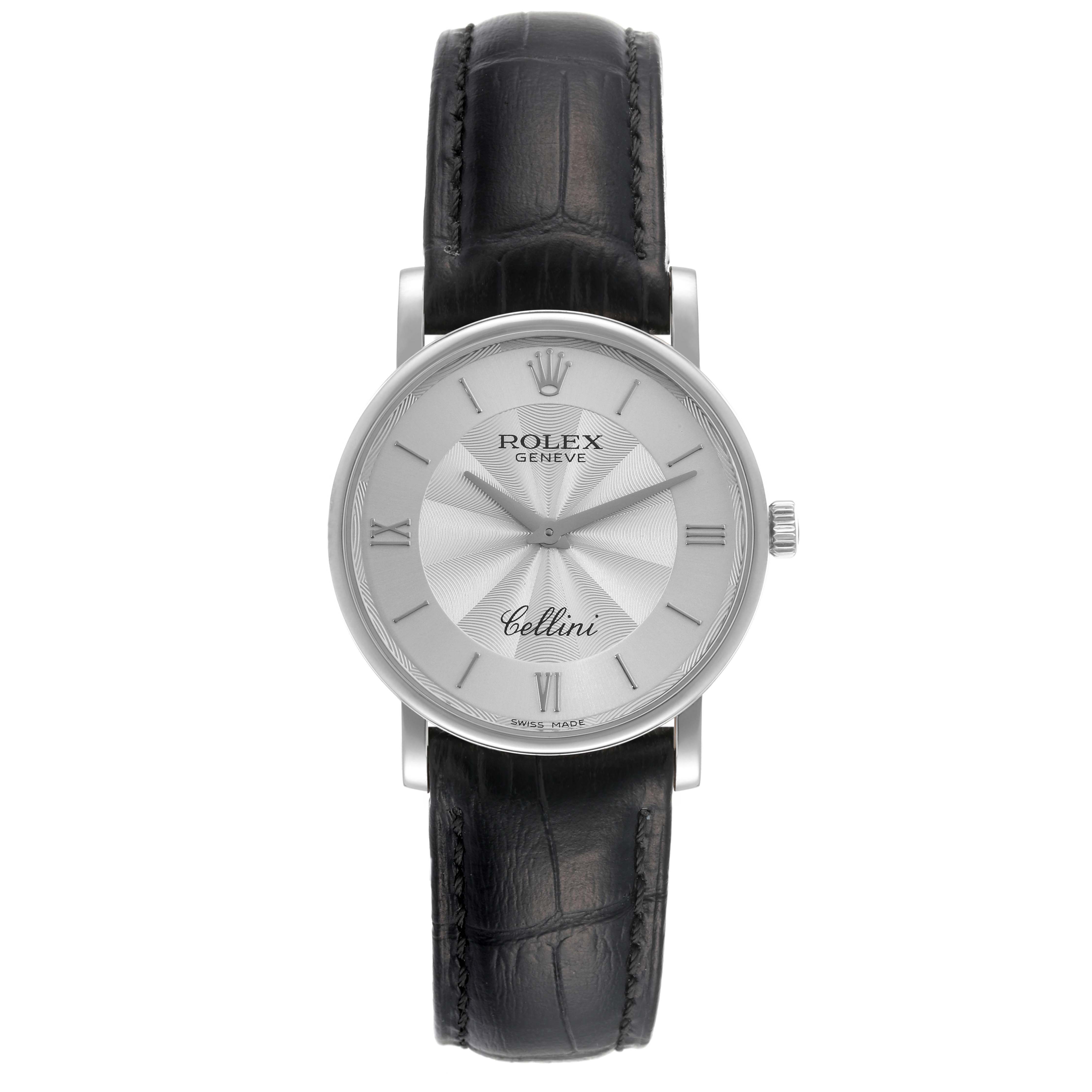 This image shows a front view of the Rolex Cellini 5115 Men
s White Gold Silver Dial 5115 Men
s White Gold Silver Dial watch, displaying its dial and leather strap.