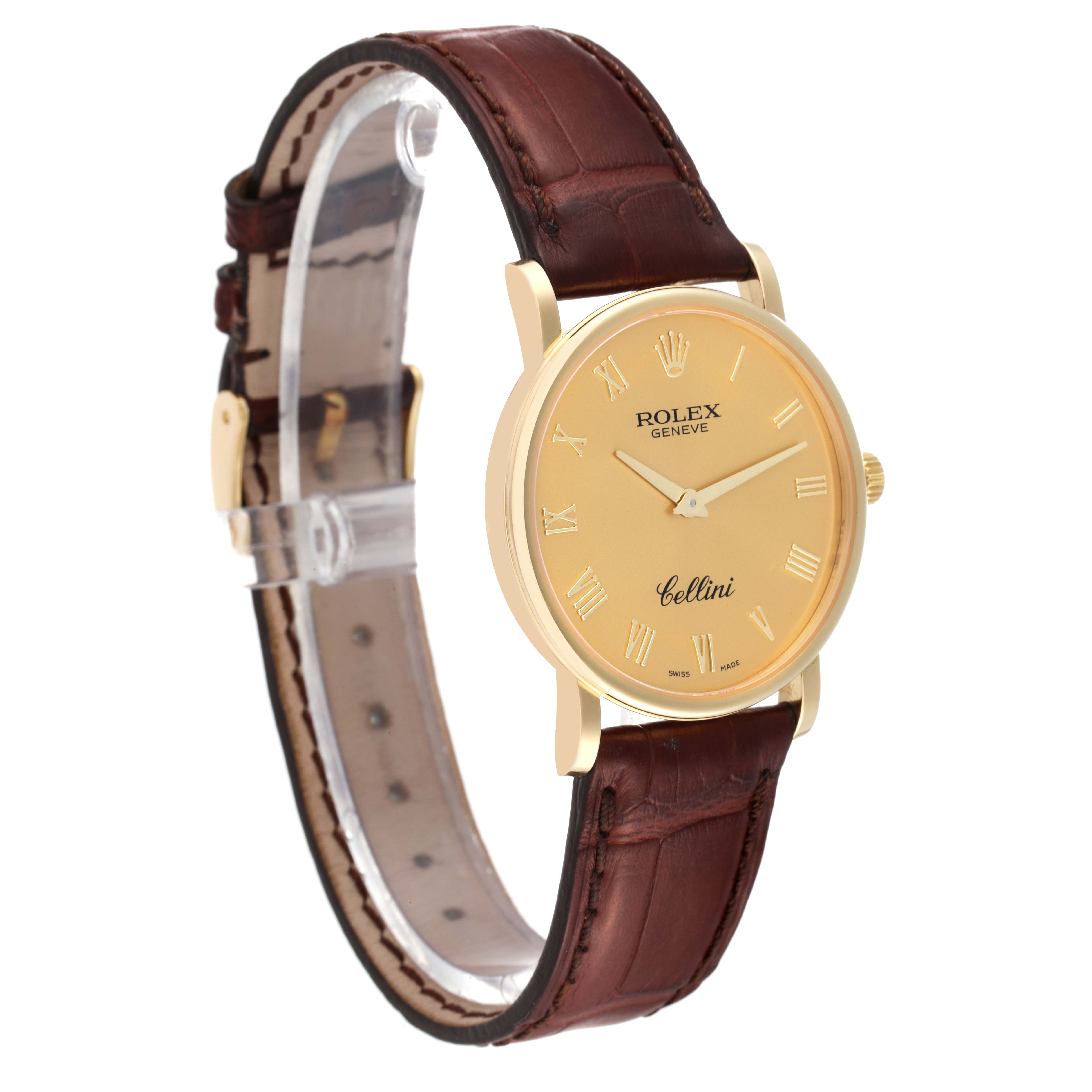 The image shows a Rolex Cellini 5115 Men's Yellow Gold Champagne Dial 5115 Men's Yellow Gold Champagne Dial watch at an angled side view, displaying the dial, bezel, strap, and crown.