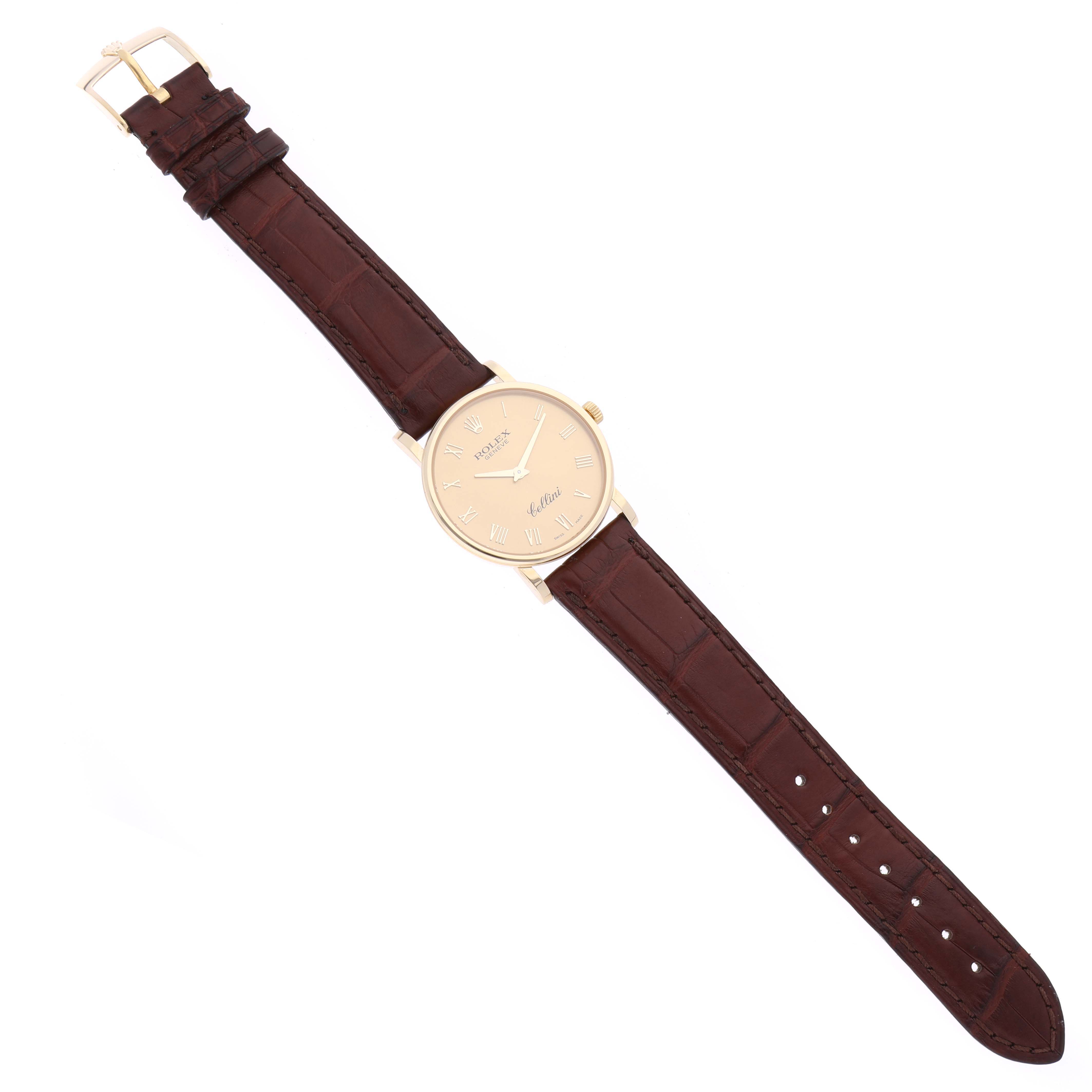 The image shows a Rolex Cellini 5115 Men's Yellow Gold Champagne Dial 5115 Men's Yellow Gold Champagne Dial watch with a brown leather strap and a gold round dial, viewed from directly above.