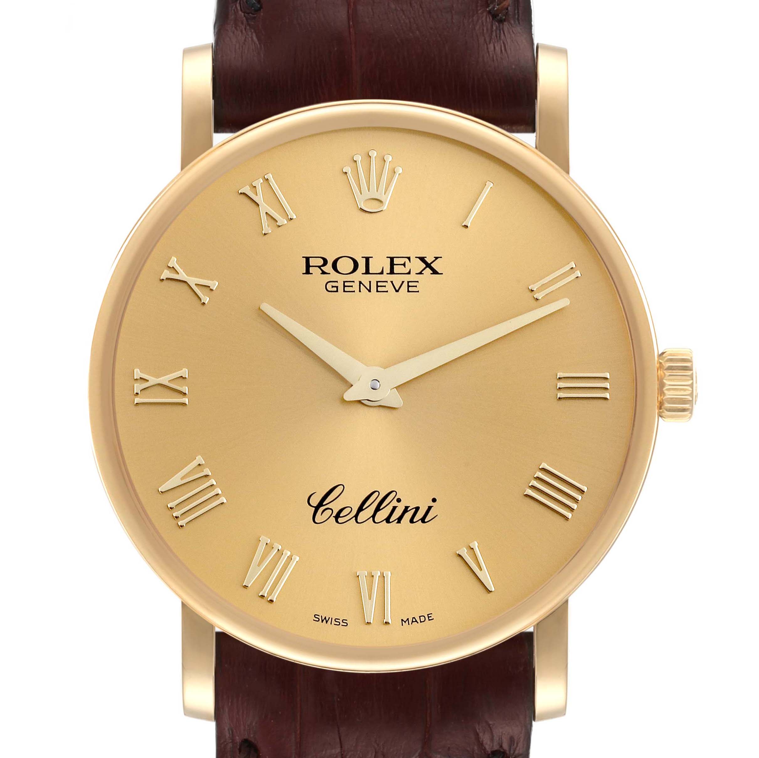 The image shows a close-up, front view of the Rolex Cellini 5115 Men's Yellow Gold Champagne Dial 5115 Men's Yellow Gold Champagne Dial watch, highlighting its gold dial, Roman numerals, and brown leather strap.