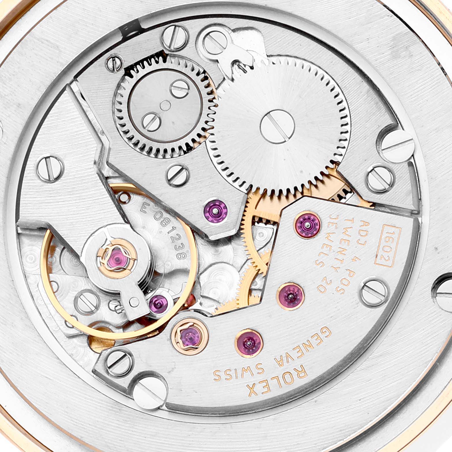 This image shows the intricate internal mechanism and gears of a Rolex Cellini 5115 Men's Yellow Gold Champagne Dial 5115 Men's Yellow Gold Champagne Dial watch.