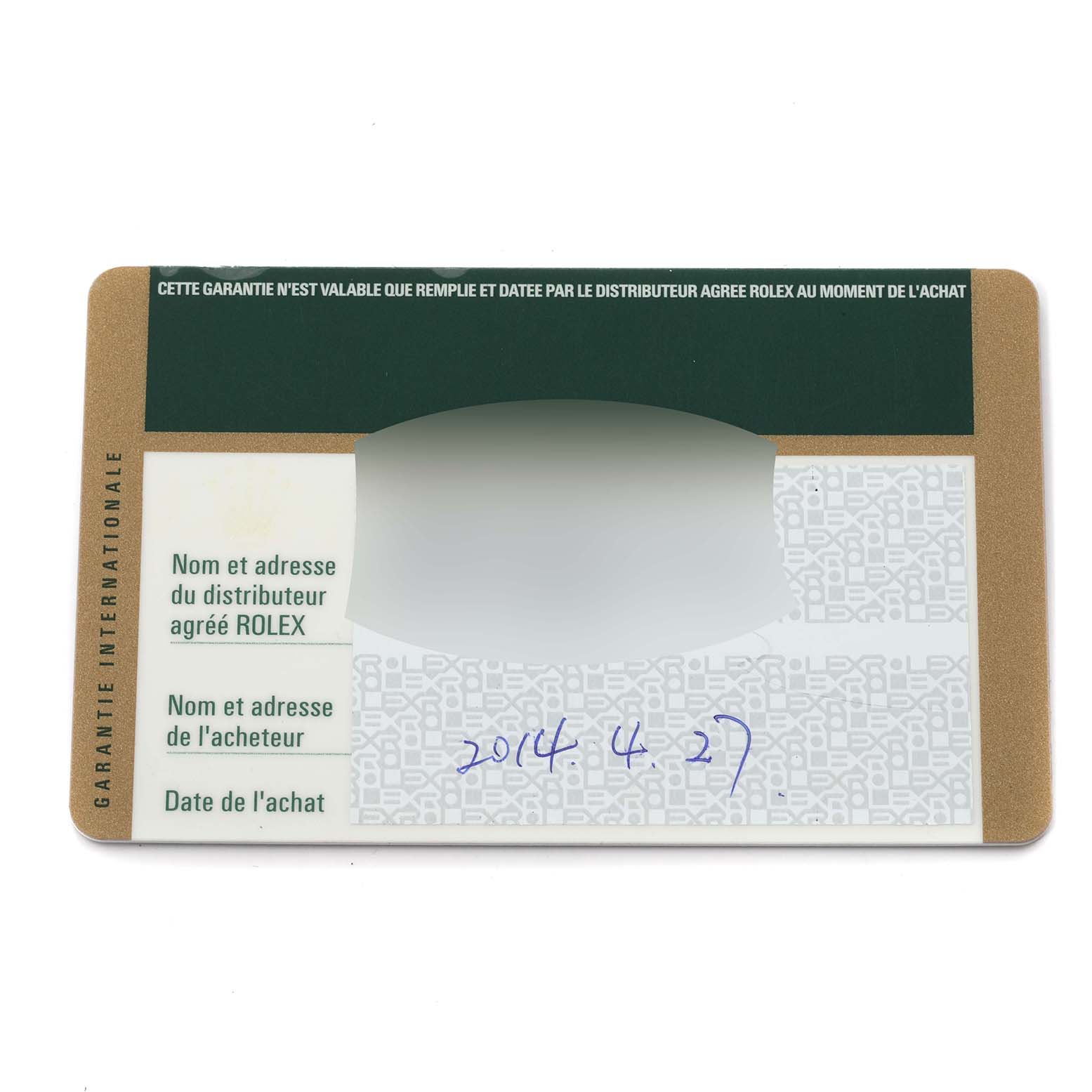 The image shows a warranty card for a Rolex Cellini 5115 Men's Yellow Gold Champagne Dial 5115 Men's Yellow Gold Champagne Dial, displaying distributor information and purchase details.