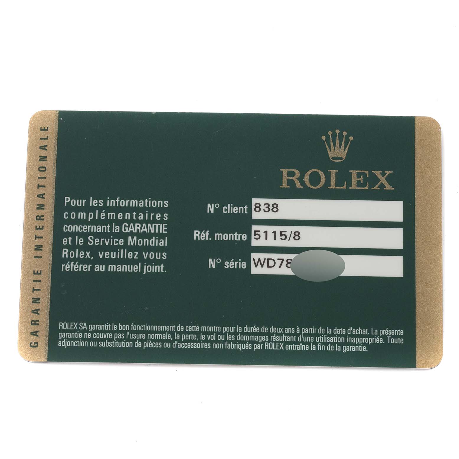 This image shows the warranty card for the Rolex Cellini 5115 Men's Yellow Gold Champagne Dial 5115 Men's Yellow Gold Champagne Dial model, featuring customer number, reference number, and serial number details.