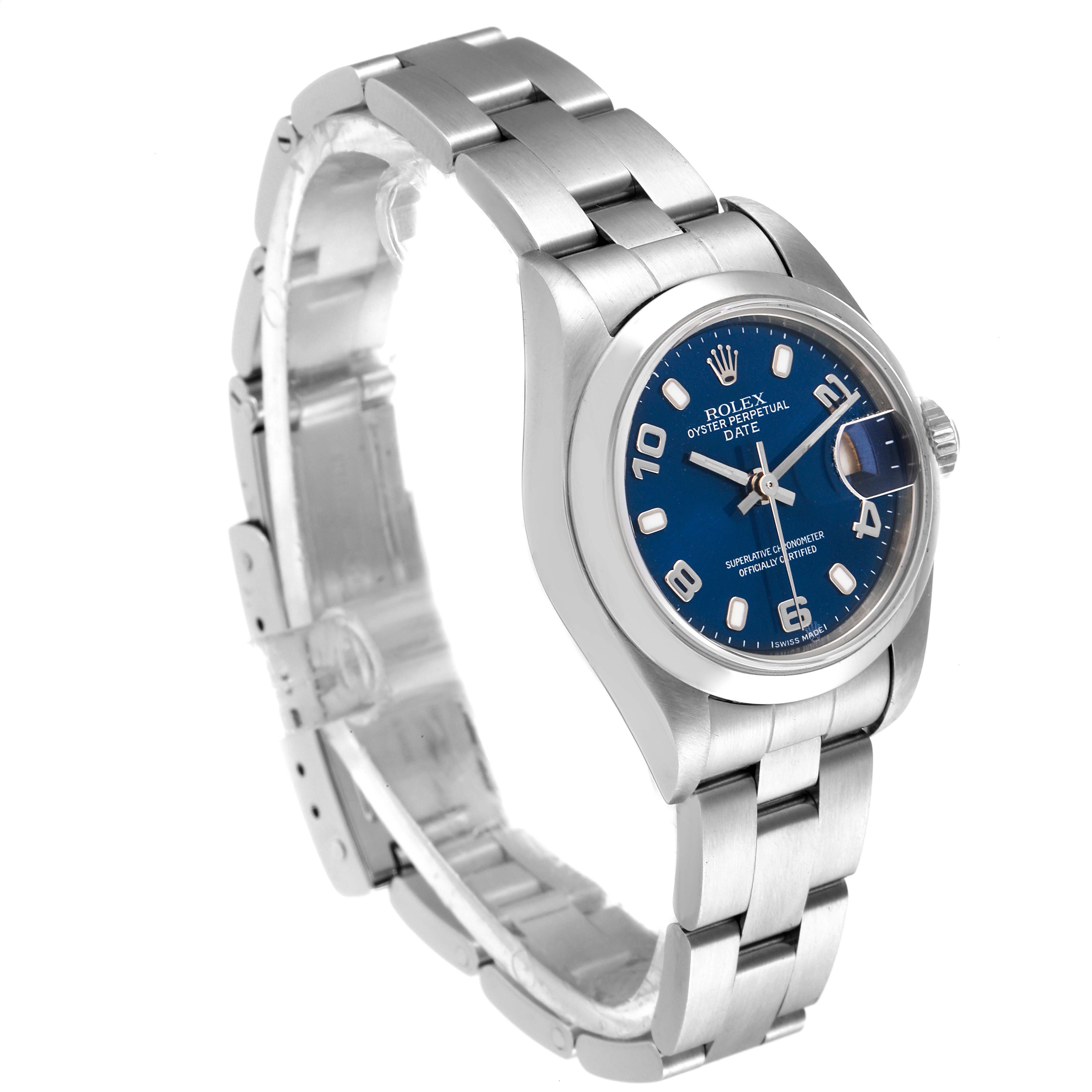 This image shows a Rolex Date 79160 Women's Stainless Steel Blue Dial 79160 Women's Stainless Steel Blue Dial watch from a front-side angle, highlighting the blue dial, bracelet, and clasp.