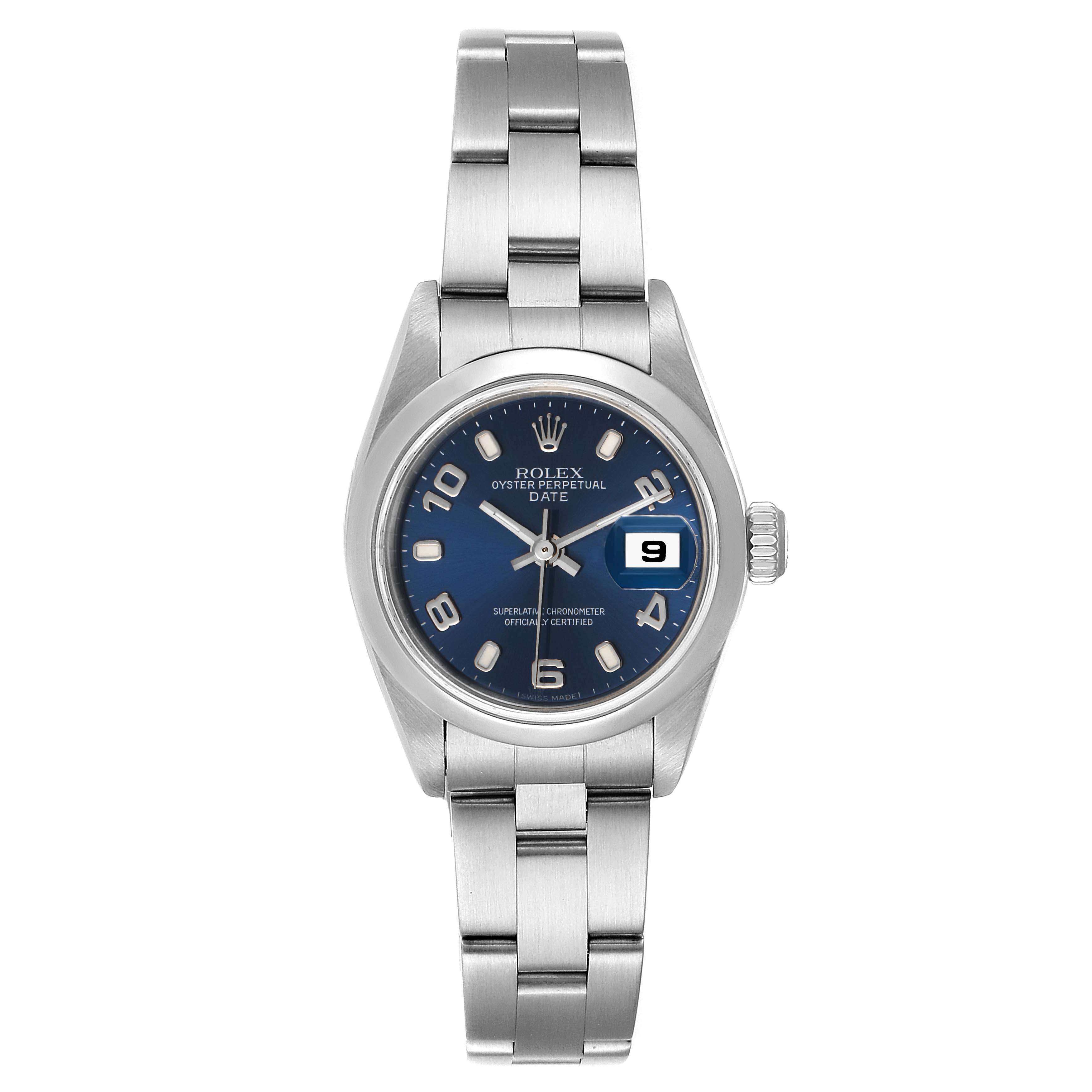 The image shows a Rolex Date 79160 Women's Stainless Steel Blue Dial 79160 Women's Stainless Steel Blue Dial model watch from a front angle, highlighting its dial, bezel, case, bracelet, and date window.