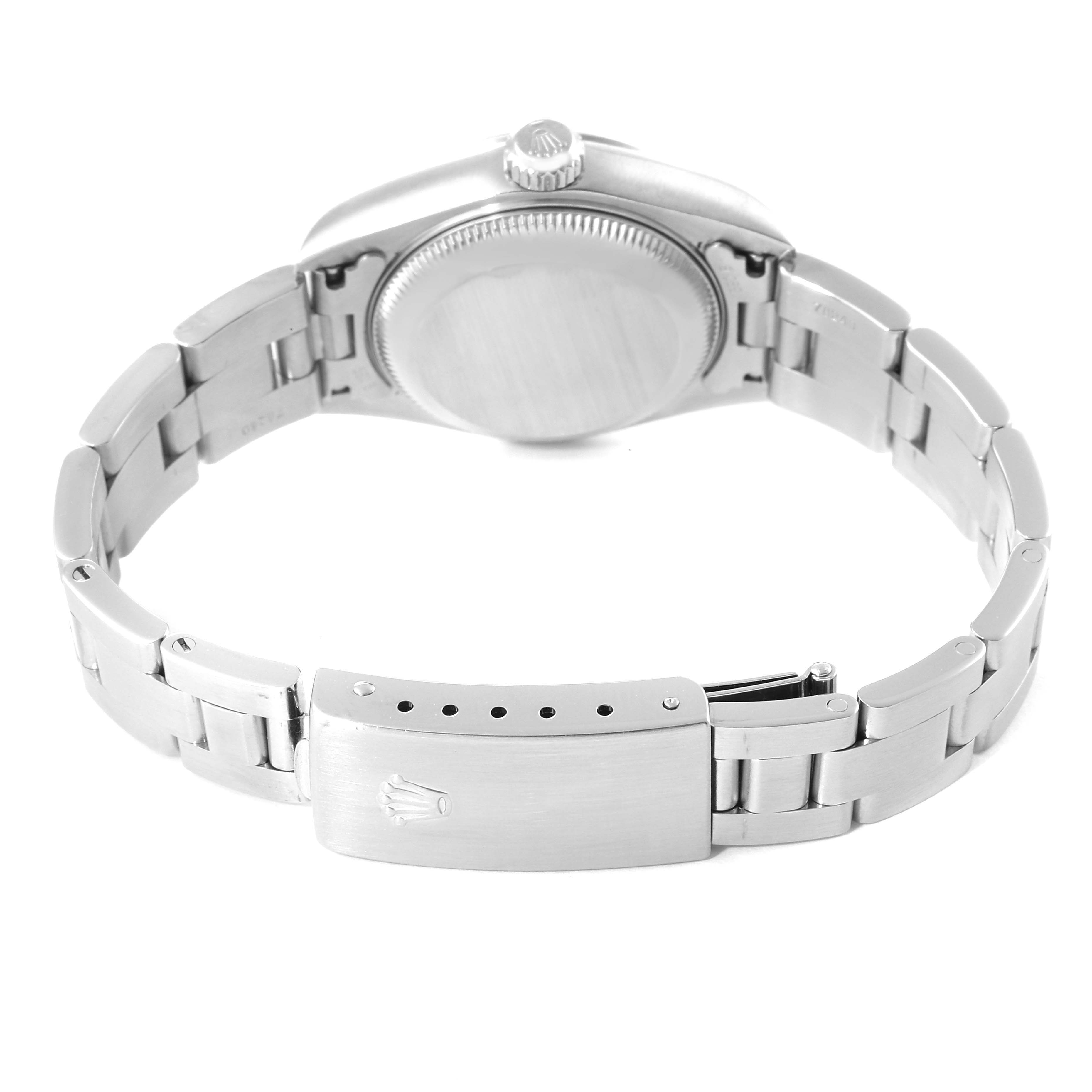 The image shows the back view of a Rolex Date 79160 Women's Stainless Steel Blue Dial 79160 Women's Stainless Steel Blue Dial model, highlighting its stainless steel case, bracelet, and clasp.