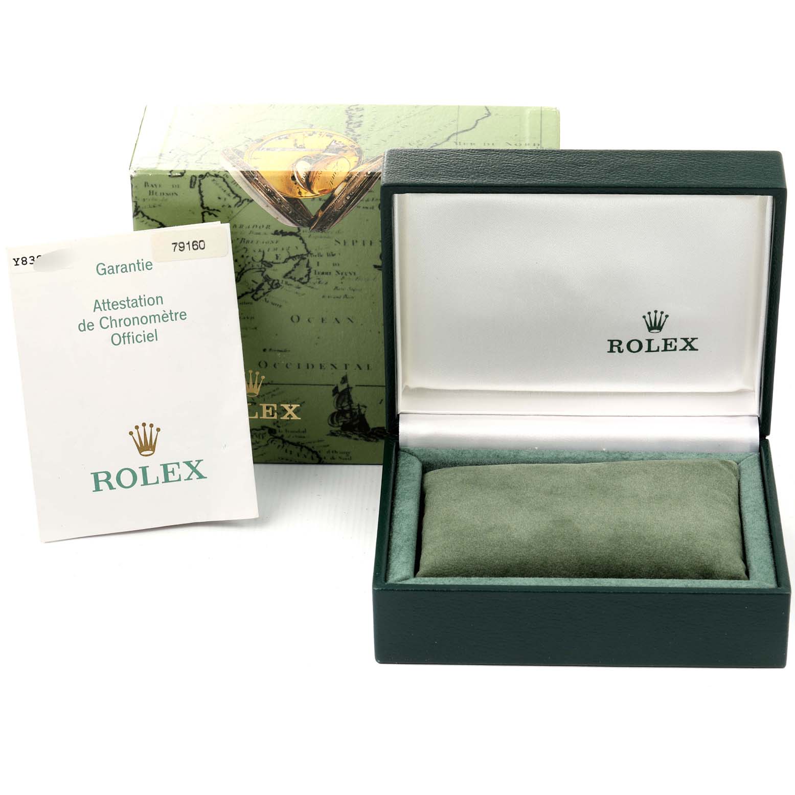 The image shows the box, cushion, and warranty card of a Rolex Date 79160 Women's Stainless Steel Blue Dial 79160 Women's Stainless Steel Blue Dial model.