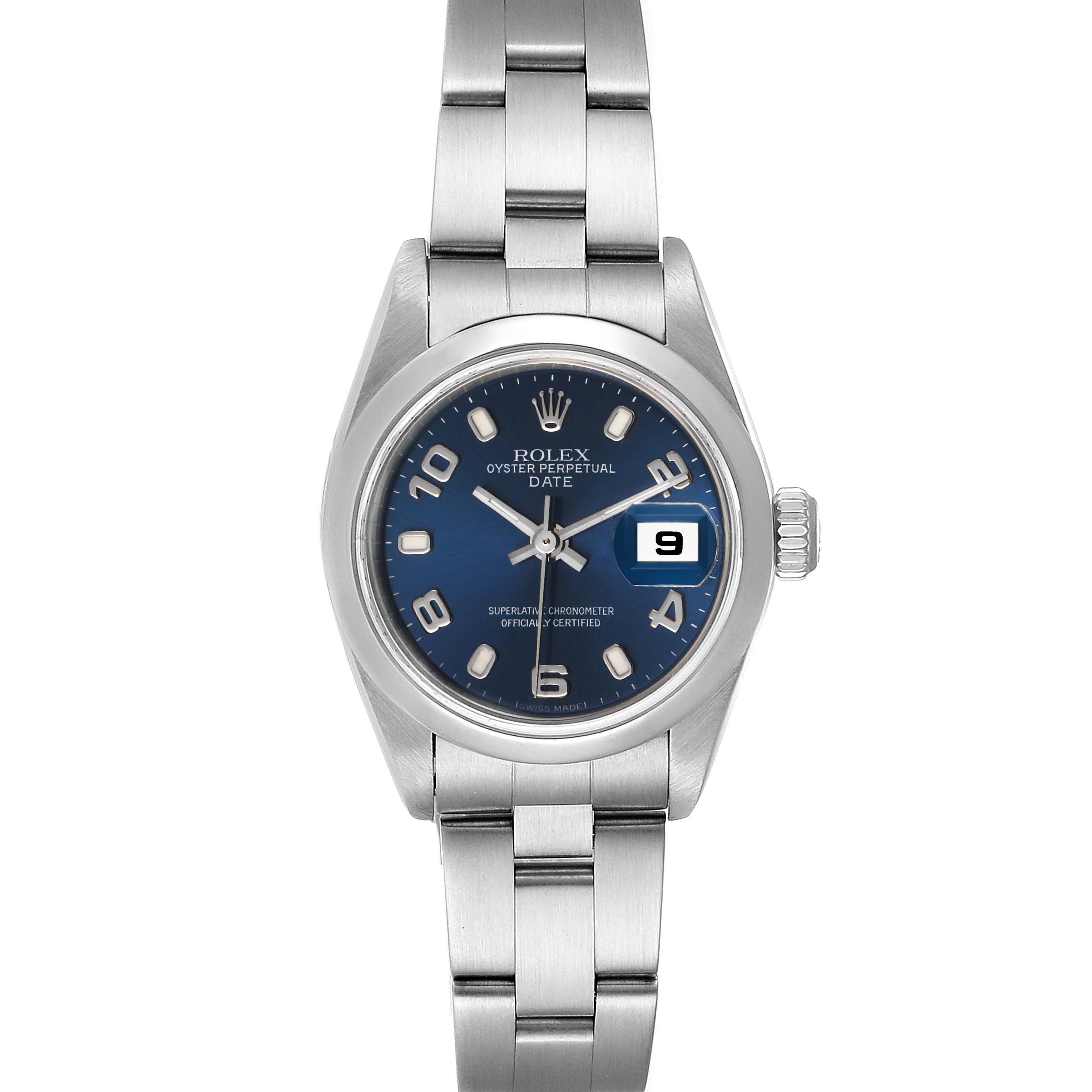 This Rolex Date 79160 Women's Stainless Steel Blue Dial 79160 Women's Stainless Steel Blue Dial model watch is shown from a front angle, displaying its blue dial, metal bracelet, and date window.