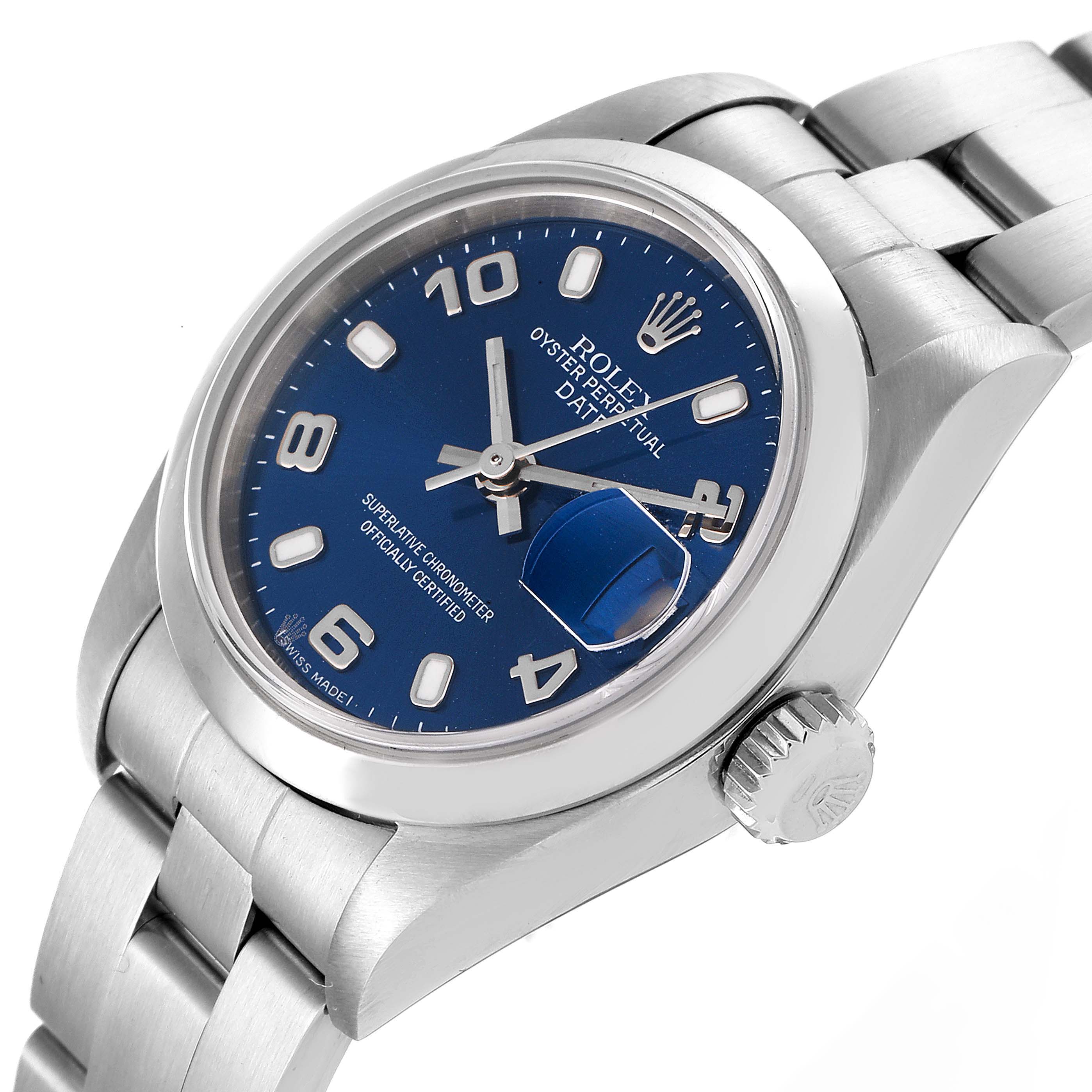 This Rolex Date 79160 Women's Stainless Steel Blue Dial 79160 Women's Stainless Steel Blue Dial model watch is shown at a slight angle, highlighting the blue dial, case, crown, and part of the bracelet.