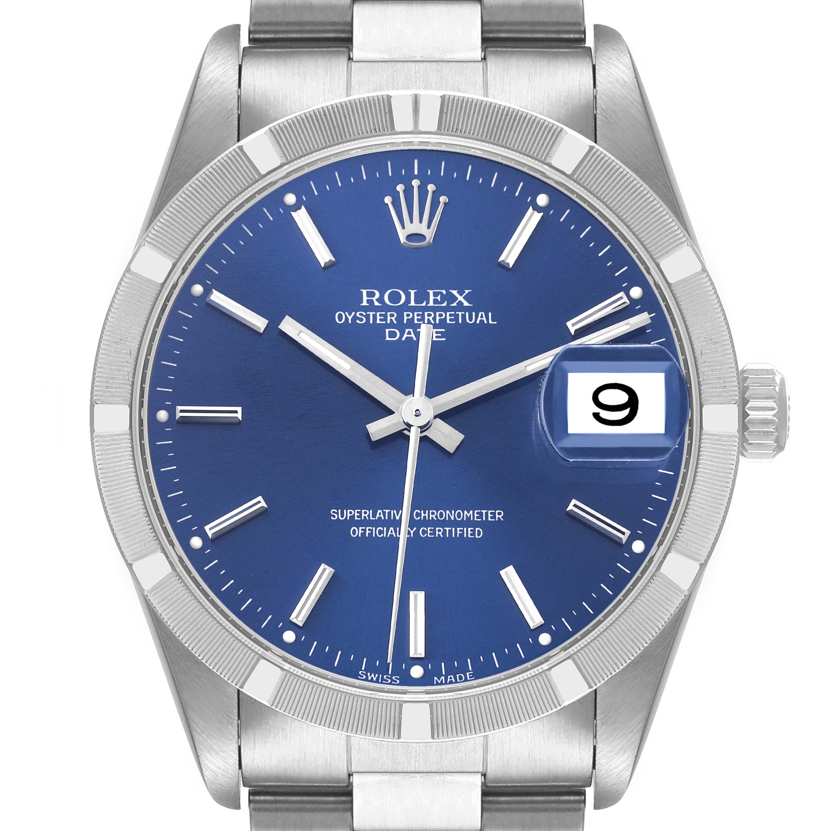 The image shows a front view of the Rolex Oyster Perpetual Date, highlighting the dial, hands, date window, and part of the bracelet.