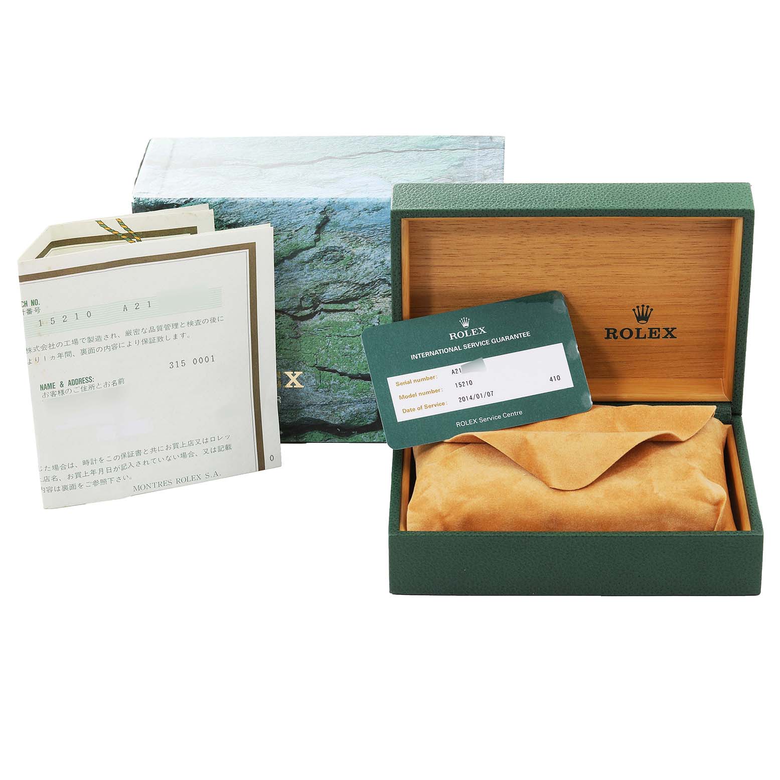 The image shows the packaging and accessories for a Rolex Date 15210 Men's Stainless Steel Blue Dial 15210 Men's Stainless Steel Blue Dial model watch, including the box, warranty card, and paperwork.