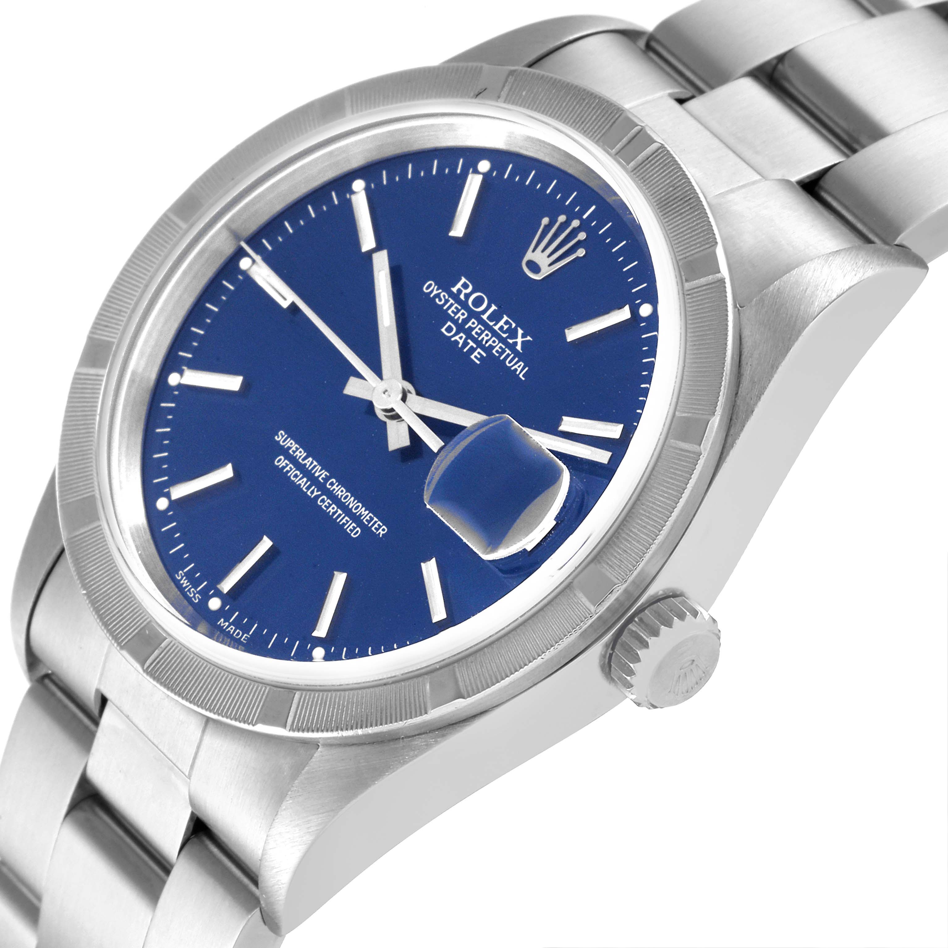 This Rolex Date 15210 Men's Stainless Steel Blue Dial 15210 Men's Stainless Steel Blue Dial watch is shown at a three-quarter angle, highlighting its blue dial, bezel, crown, and part of the bracelet.