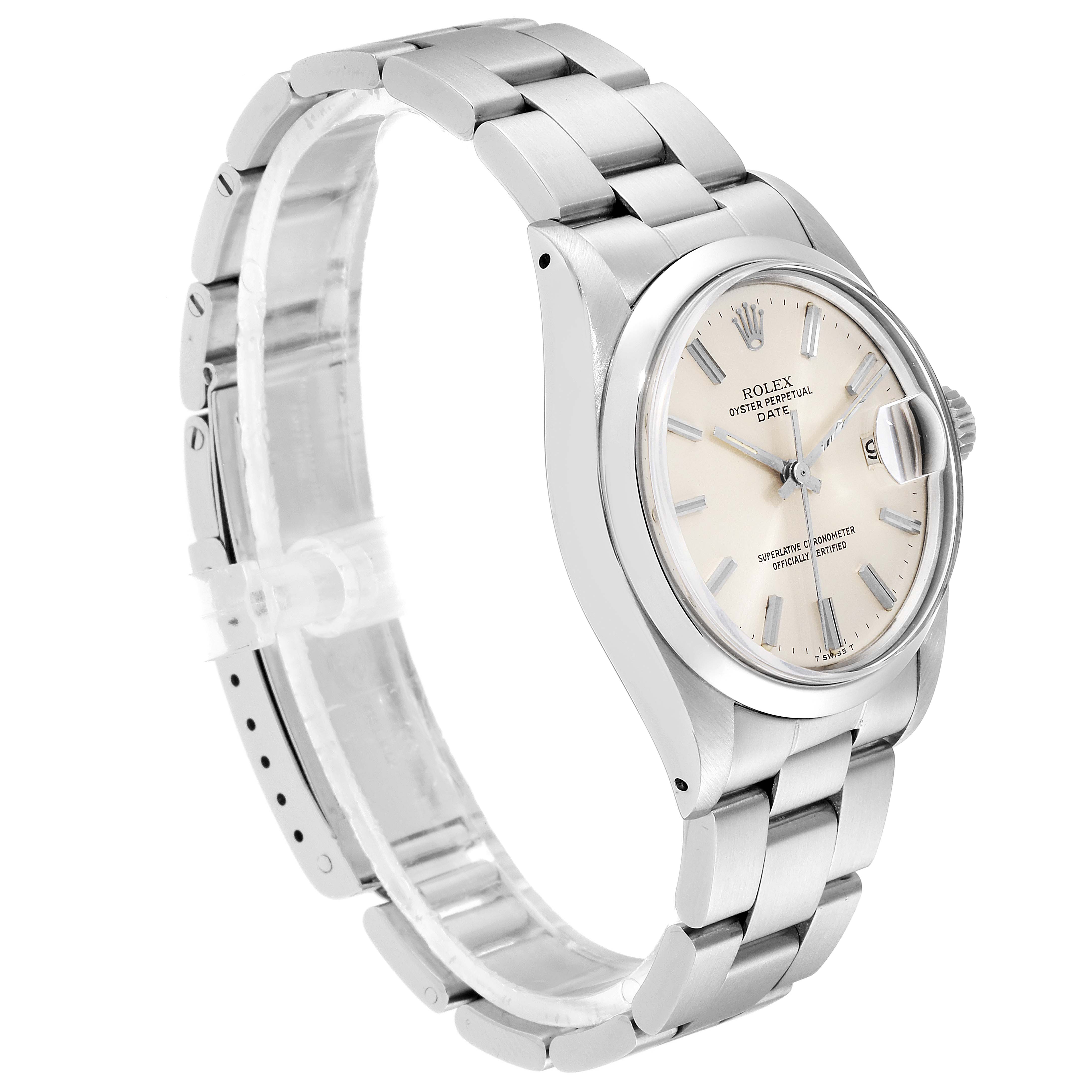 This image shows a side-angle view of a Rolex Date 1500 Men's Stainless Steel Silver Dial 1500 Men's Stainless Steel Silver Dial model watch, displaying the bracelet, case, and dial.