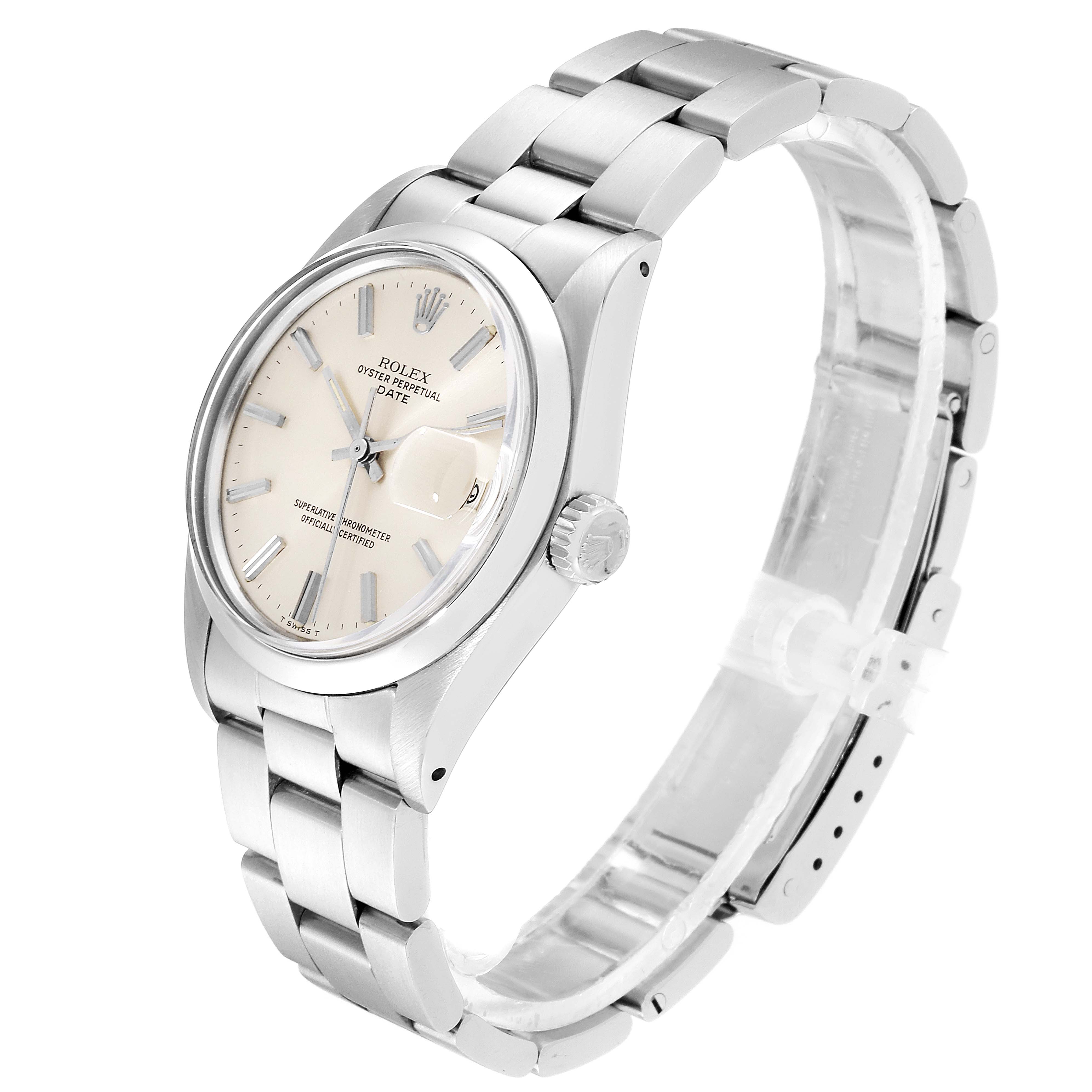 The image shows a side angle of a Rolex Date 1500 Men's Stainless Steel Silver Dial 1500 Men's Stainless Steel Silver Dial model watch, highlighting its bezel, crown, dial, and bracelet.