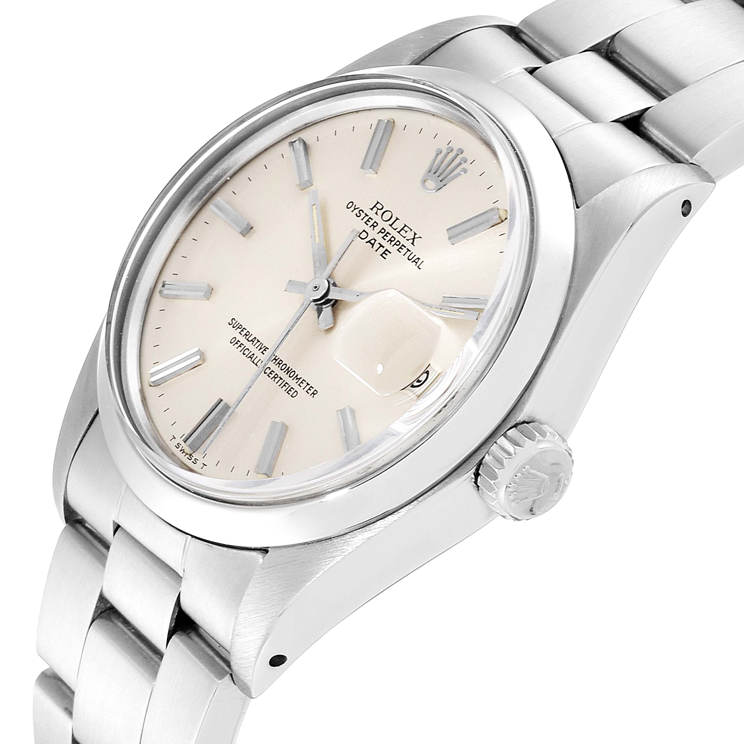 The image shows a side view of a Rolex Date 1500 Men's Stainless Steel Silver Dial 1500 Men's Stainless Steel Silver Dial model watch, highlighting its face, bezel, case, and bracelet.