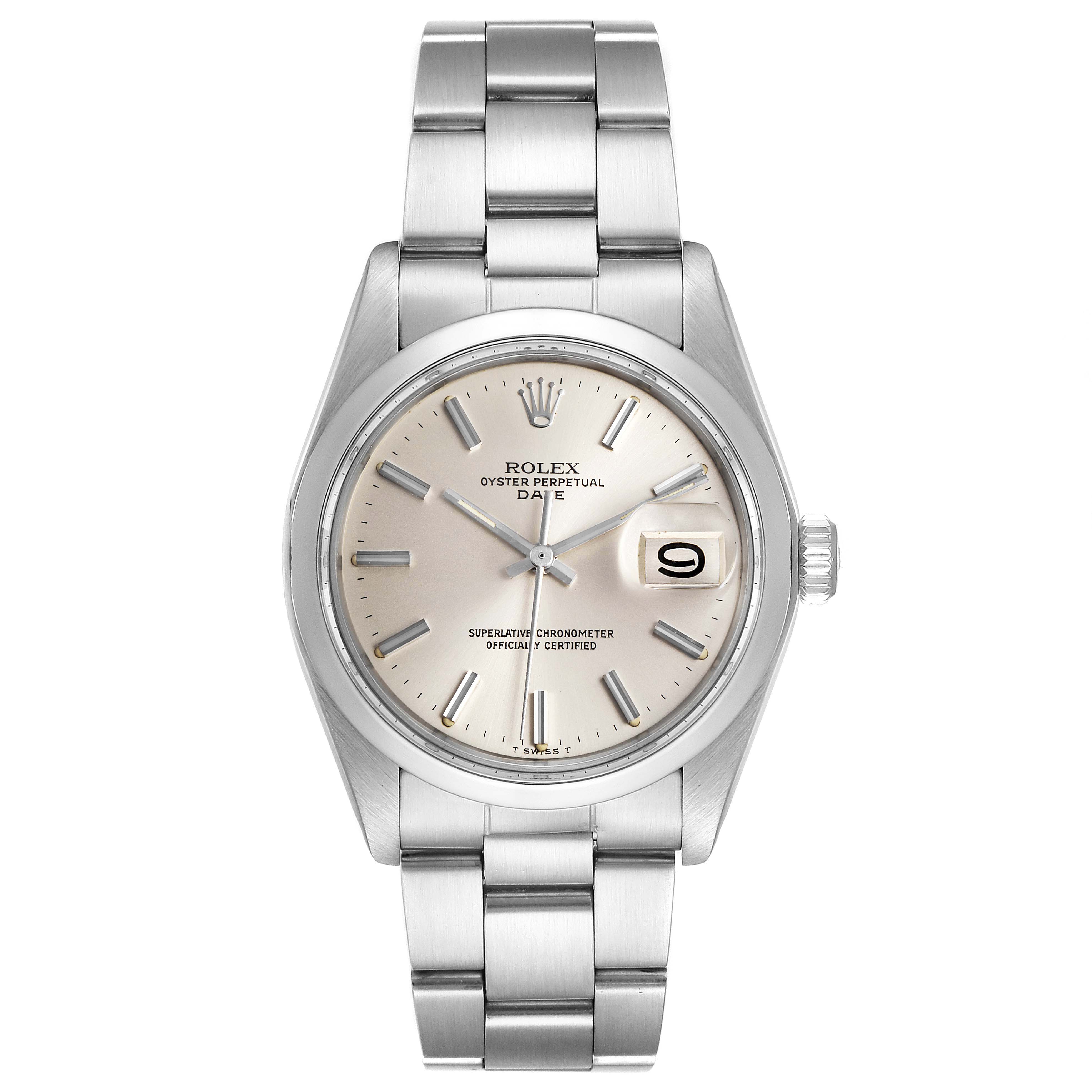 This image shows a frontal view of a Rolex Date 1500 Men's Stainless Steel Silver Dial 1500 Men's Stainless Steel Silver Dial model watch, displaying its dial, bracelet, and crown.