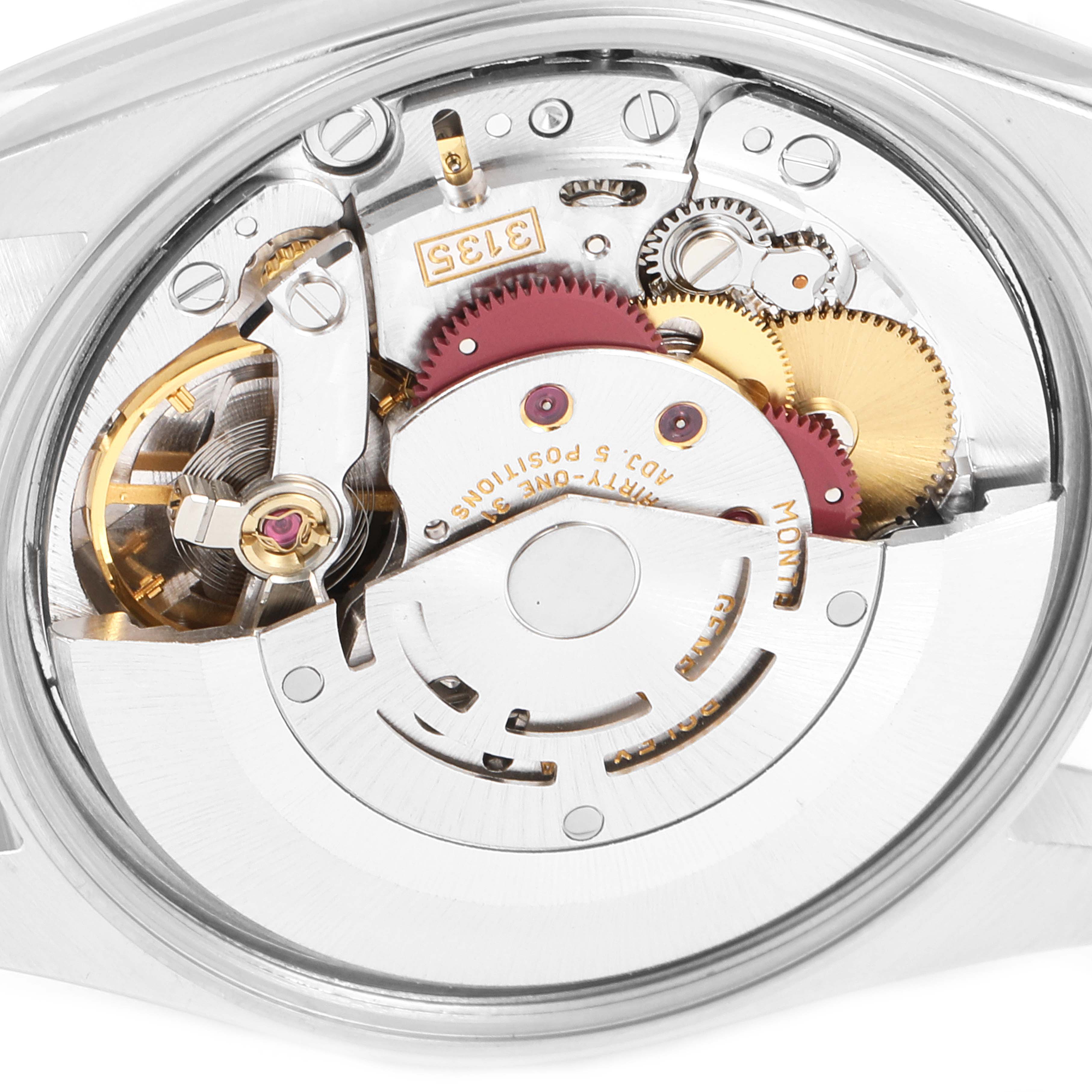 The image shows the inner mechanical movement of a Rolex Date 15203 Men's Steel and Gold (two tone) White Dial 15203 Men's Steel and Gold (two tone) White Dial model watch, captured from a top-down view with visible gears and components.