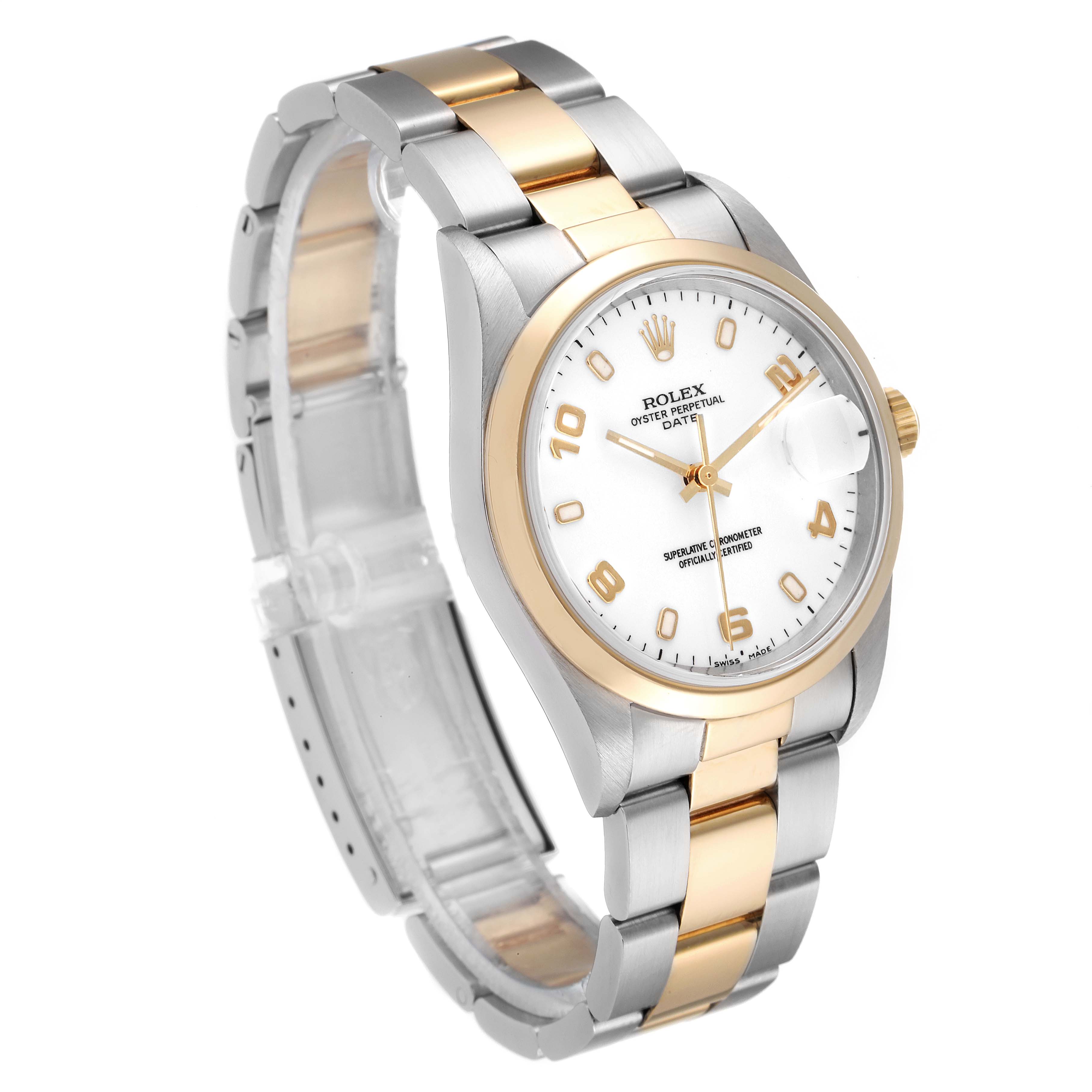 This image displays a Rolex Date 15203 Men's Steel and Gold (two tone) White Dial 15203 Men's Steel and Gold (two tone) White Dial model watch at a slight angle, showing the face, bezel, and two-tone bracelet.