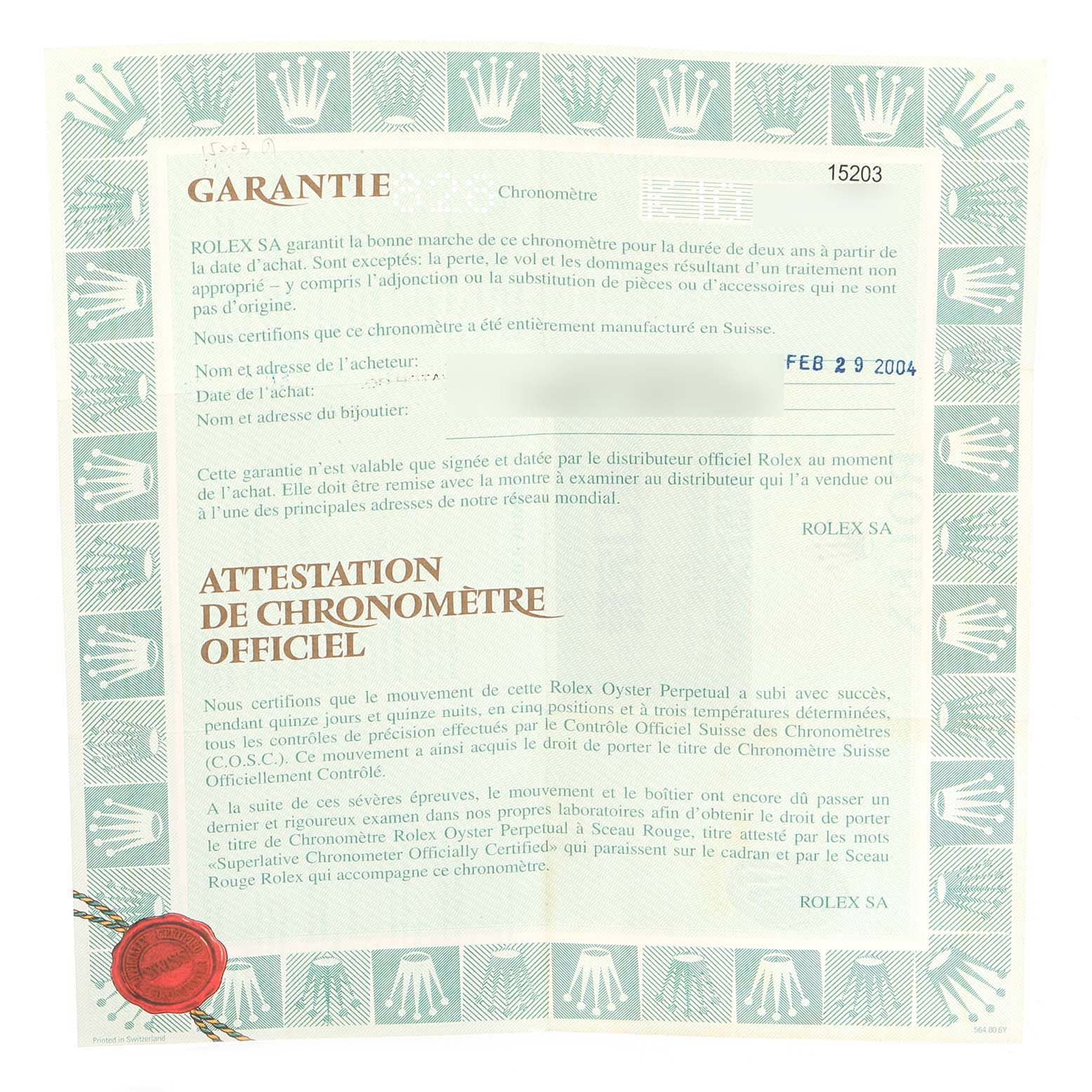 The image shows a warranty certificate for a Rolex Date 15203 Men's Steel and Gold (two tone) White Dial 15203 Men's Steel and Gold (two tone) White Dial model watch.