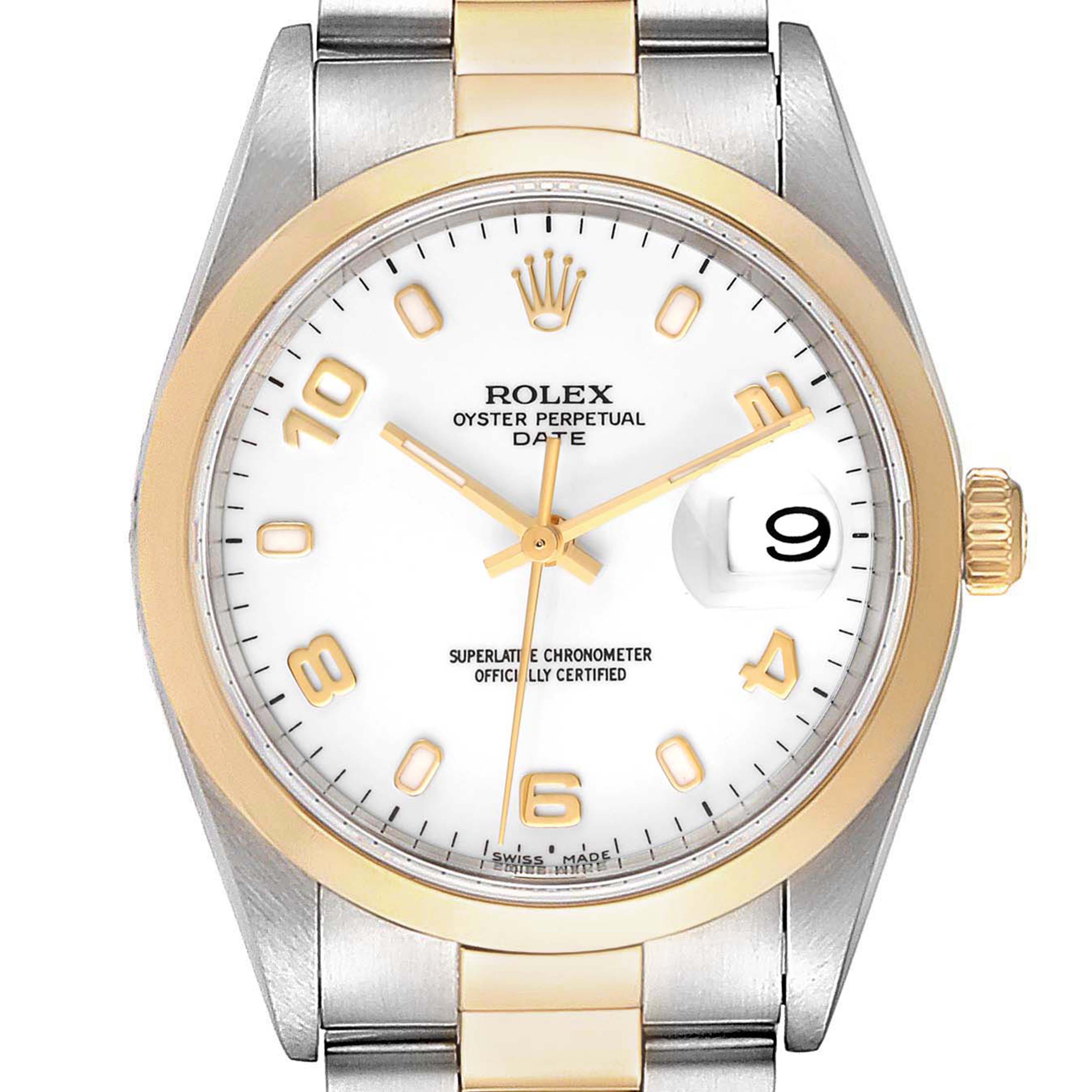 The image shows a front view of a Rolex Date 15203 Men's Steel and Gold (two tone) White Dial 15203 Men's Steel and Gold (two tone) White Dial watch, displaying the dial, bezel, and part of the bracelet.