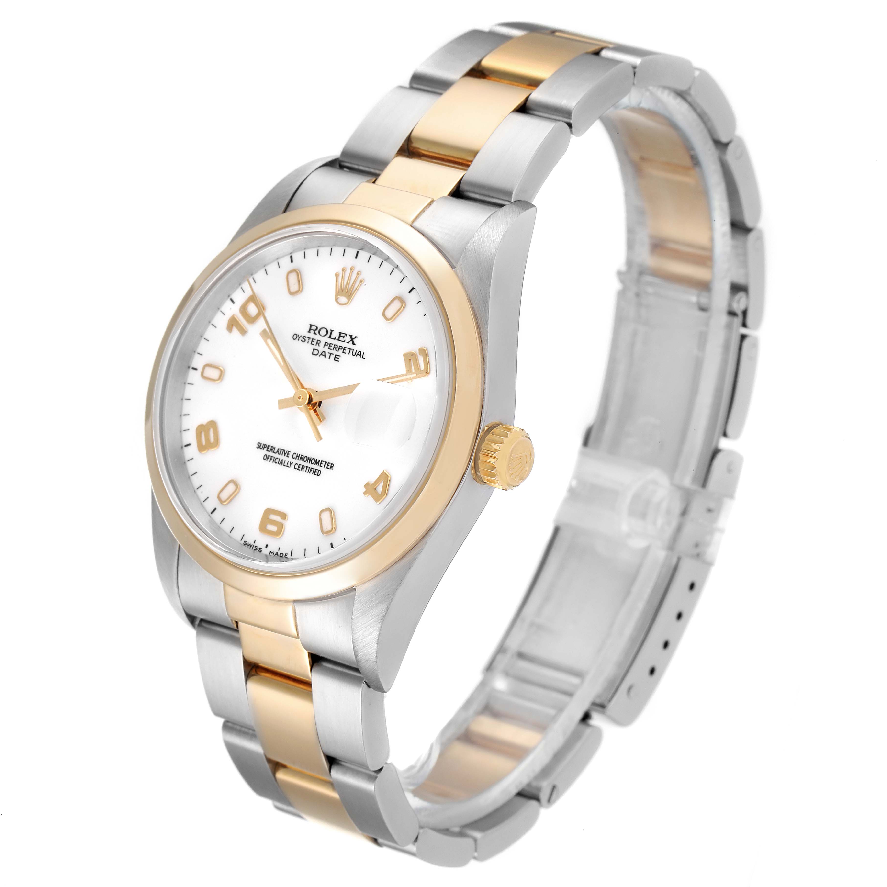 The image shows a Rolex Date 15203 Men's Steel and Gold (two tone) White Dial 15203 Men's Steel and Gold (two tone) White Dial watch from a left-side angle, highlighting the dial, crown, and bracelet.