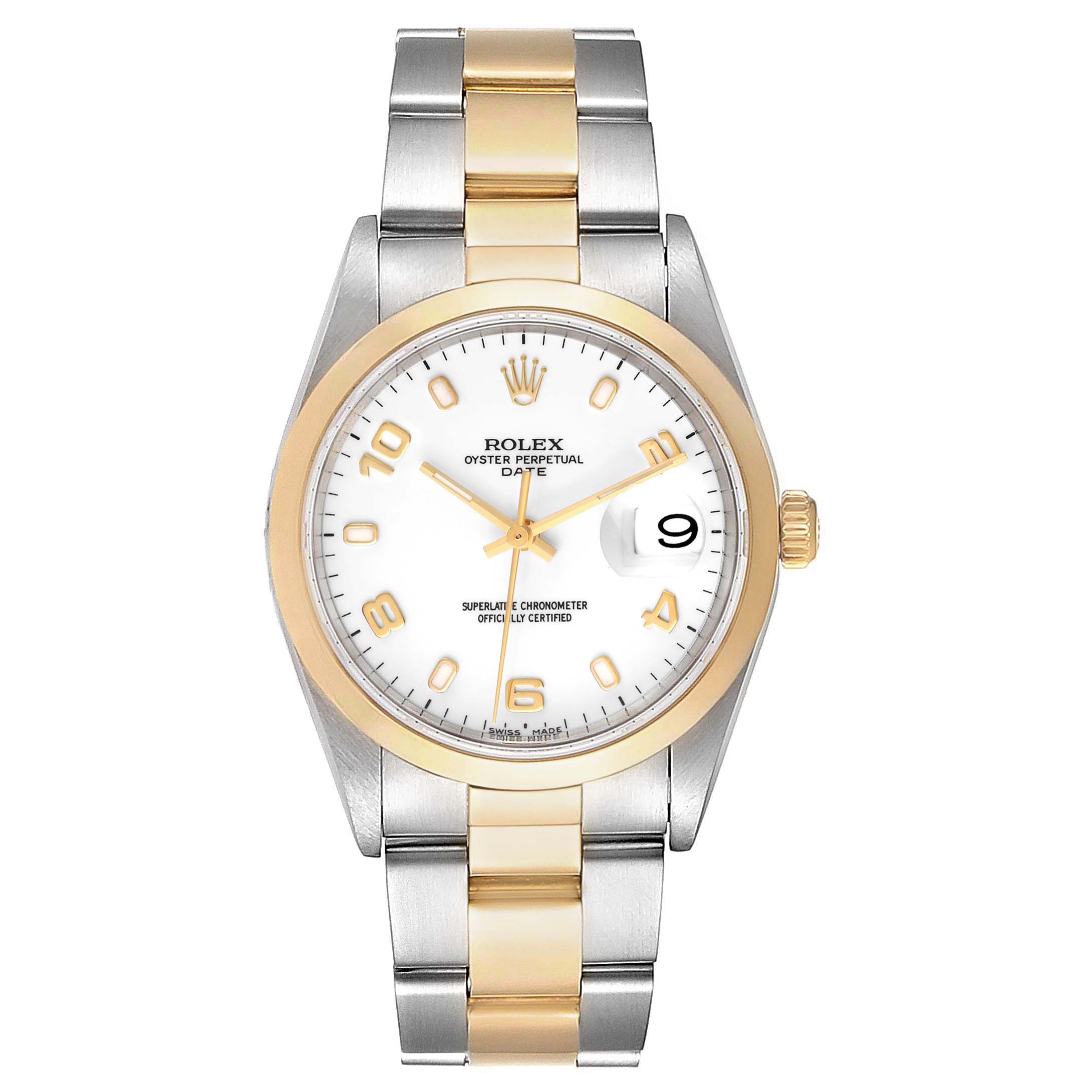 The image shows a front view of a Rolex Date 15203 Men's Steel and Gold (two tone) White Dial 15203 Men's Steel and Gold (two tone) White Dial watch featuring a two-tone bracelet and a white dial with gold hands and markers.